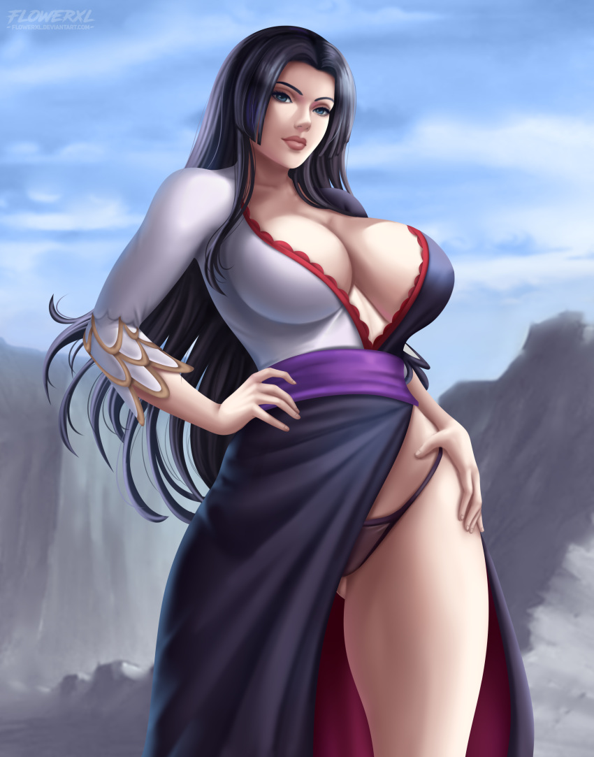 1girl 1girl 1girls big_breasts big_breasts black_hair blue_eyes boa_hancock breasts cleavage day daytime female_only flowerxl hands_on_hips light-skinned_female looking_at_another one_piece panties seductive_look