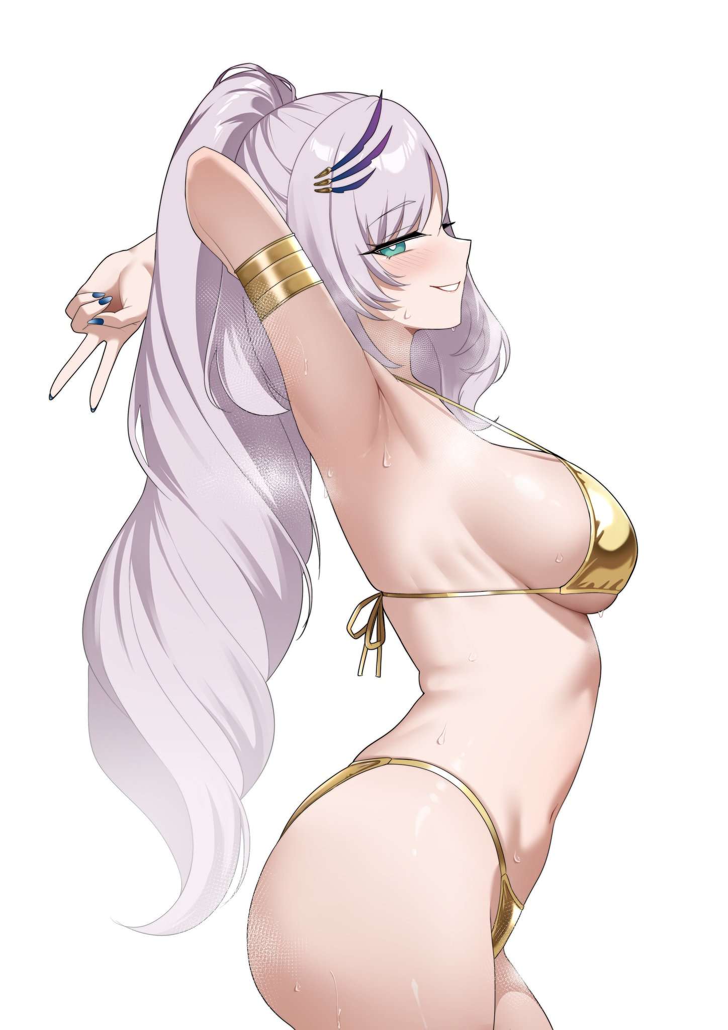 1girl 1girl absurd_res alternate_costume aqua_eyes armpits arms_up big_breasts bikini blue_nails breasts commentary feather_hair_ornament feathers from_side gold_armlet gold_bikini golden_week golden_week_bikini grin hair_ornament high_res hololive hololive_indonesia long_hair navel pavolia_reine pink_hair raikkonen side_view sideboob simple_background smile stomach strap_gap swimsuit v virtual_youtuber white_background