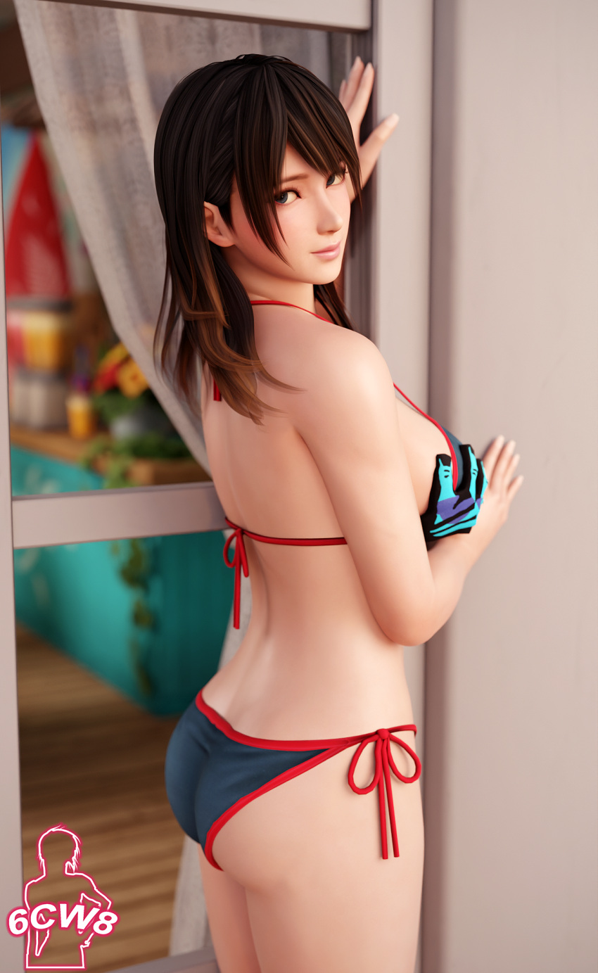 1girl 6cw8 alluring ass big_breasts bikini blue_eyes brown_hair dead_or_alive dead_or_alive_xtreme_venus_vacation nanami_(doa) pin_up sideboob tecmo