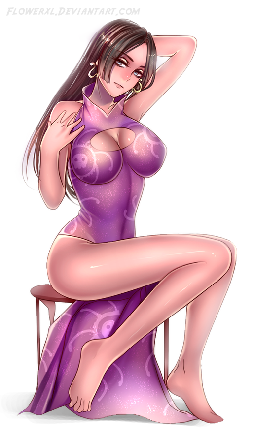 1girl abstract_background barefoot big_breasts black_hair blue_eyes boa_hancock breasts cleavage clothing dress earrings feet female_only flowerxl hips jewelry legs light-skinned_female lo long_hair one_piece purple_dress thighs toes