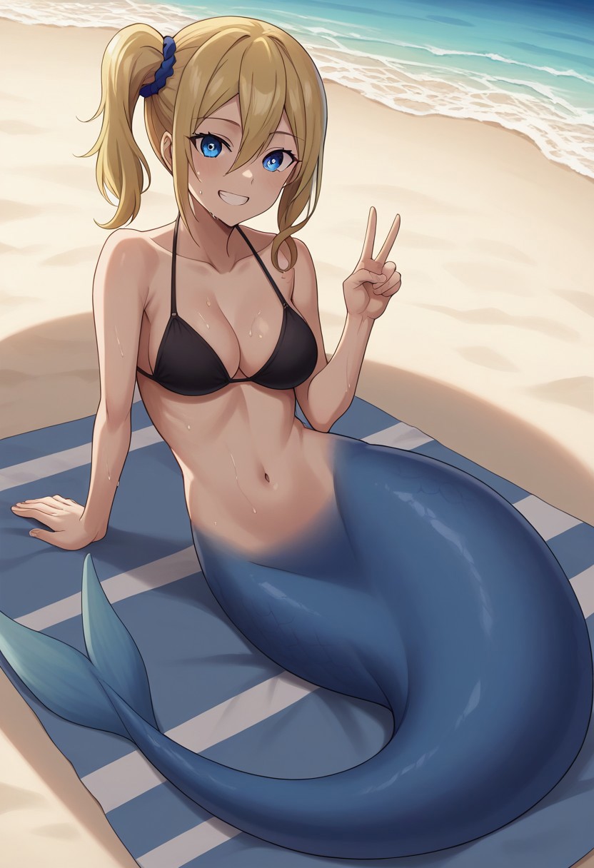 1girl ai_generated anime beach big_breasts bikini_top female fish_girl hayasaka_ai kaguya-sama_wa_kokurasetai_~tensai-tachi_no_renai_zunousen~ mermaid mermaid_tail midriff monster_girl pinup poptoonz scales solo
