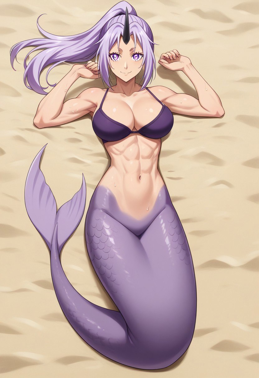 1girl ai_generated beach big_breasts bikini_top female horn mermaid mermaid_tail monster_girl pinup poptoonz purple_hair scales shion_(tensei_shitara_slime_datta_ken) solo tensei_shitara_slime_datta_ken