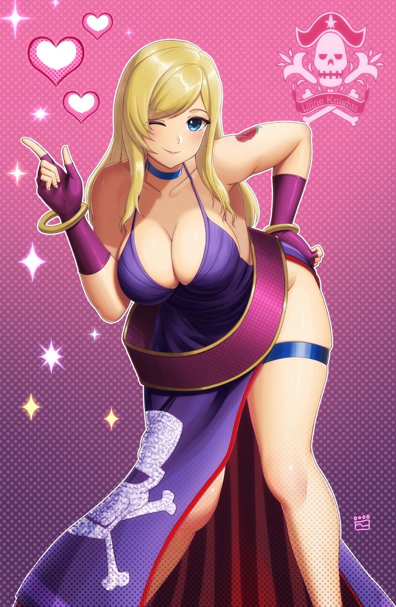 1girl alluring artist_name b._jenet bare_shoulders big_breasts blonde_hair blue_eyes bonne_jenet cleavage dress fatal_fury fatal_fury:_city_of_the_wolves finalcake fingerless_gloves gloves hand_on_own_hip heart high_res index_finger_raised king_of_fighters leaning_forward legs one_eye_closed pink_lips purple_dress sideboob smile snk thick_thighs thighs wink