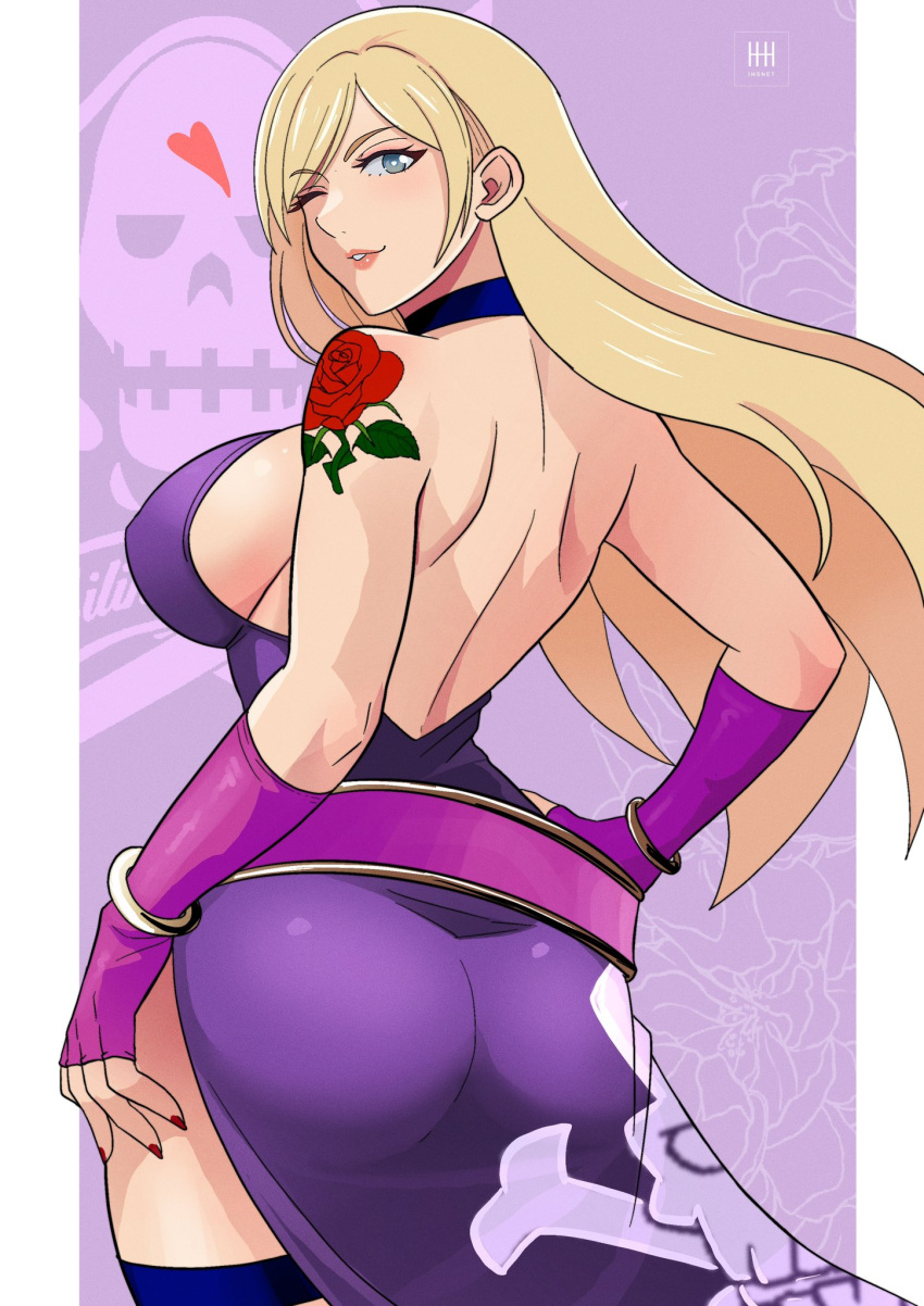 1girl alluring ass big_breasts blonde_hair blowing_kiss blue_eyes bonne_jenet dress fatal_fury fatal_fury:_city_of_the_wolves female_only garou:_mark_of_the_wolves hands_on_hips heart high_res ihsnet king_of_fighters legs long_hair looking_at_viewer looking_back one_eye_closed pose posing puckered_lips sensual sideboob smile snk solothighs source_request voluptuous wink