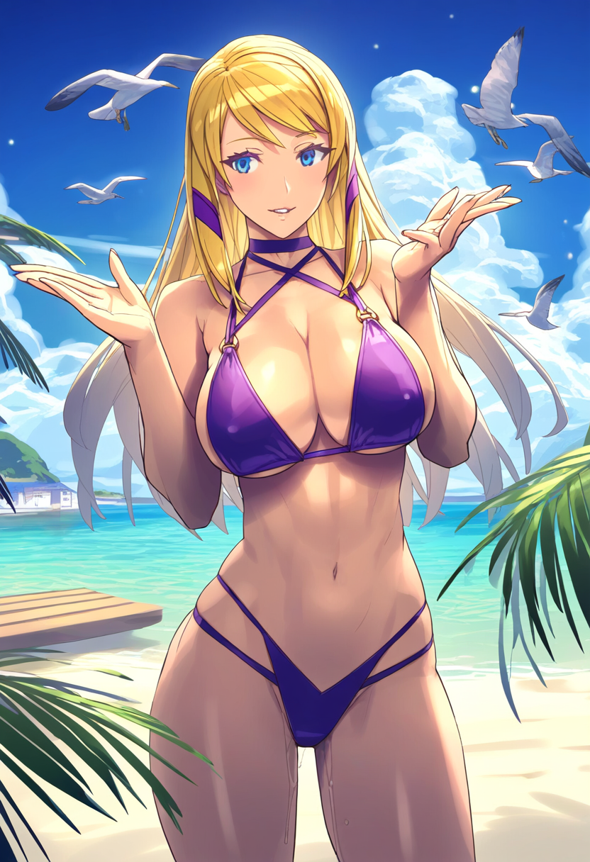 1girl alluring beach big_breasts bikini blue_sky bonne_jenet cleavage fatal_fury fatal_fury:_city_of_the_wolves king_of_fighters nicado ocean pin_up snk under_boob