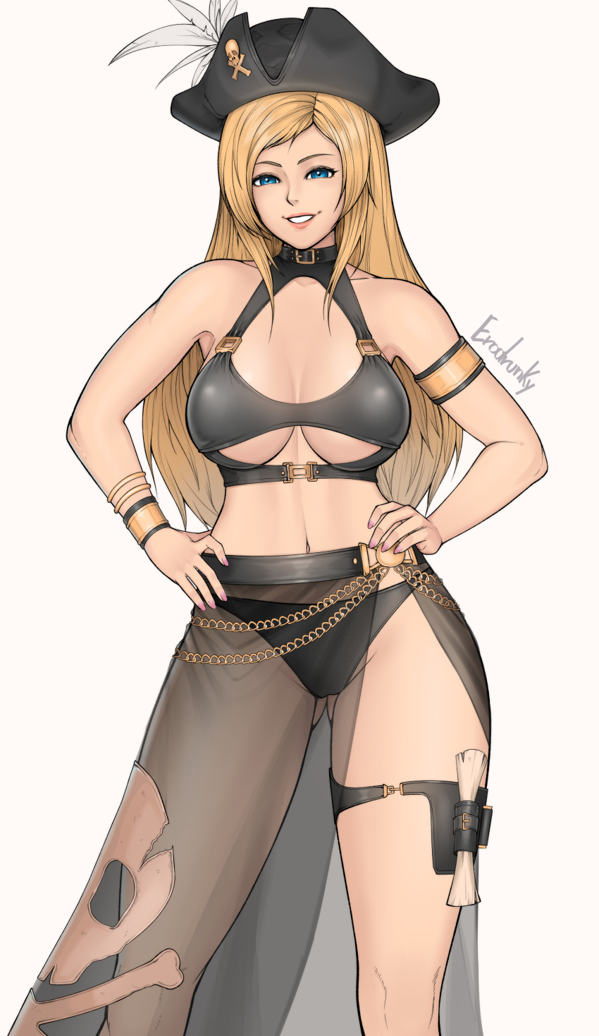1girl alluring big_breasts bikini blonde_hair blue_eyes bonne_jenet cleavage erodrunky fatal_fury fatal_fury:_city_of_the_wolves king_of_fighters pareo pin_up pirate_hat snk under_boob