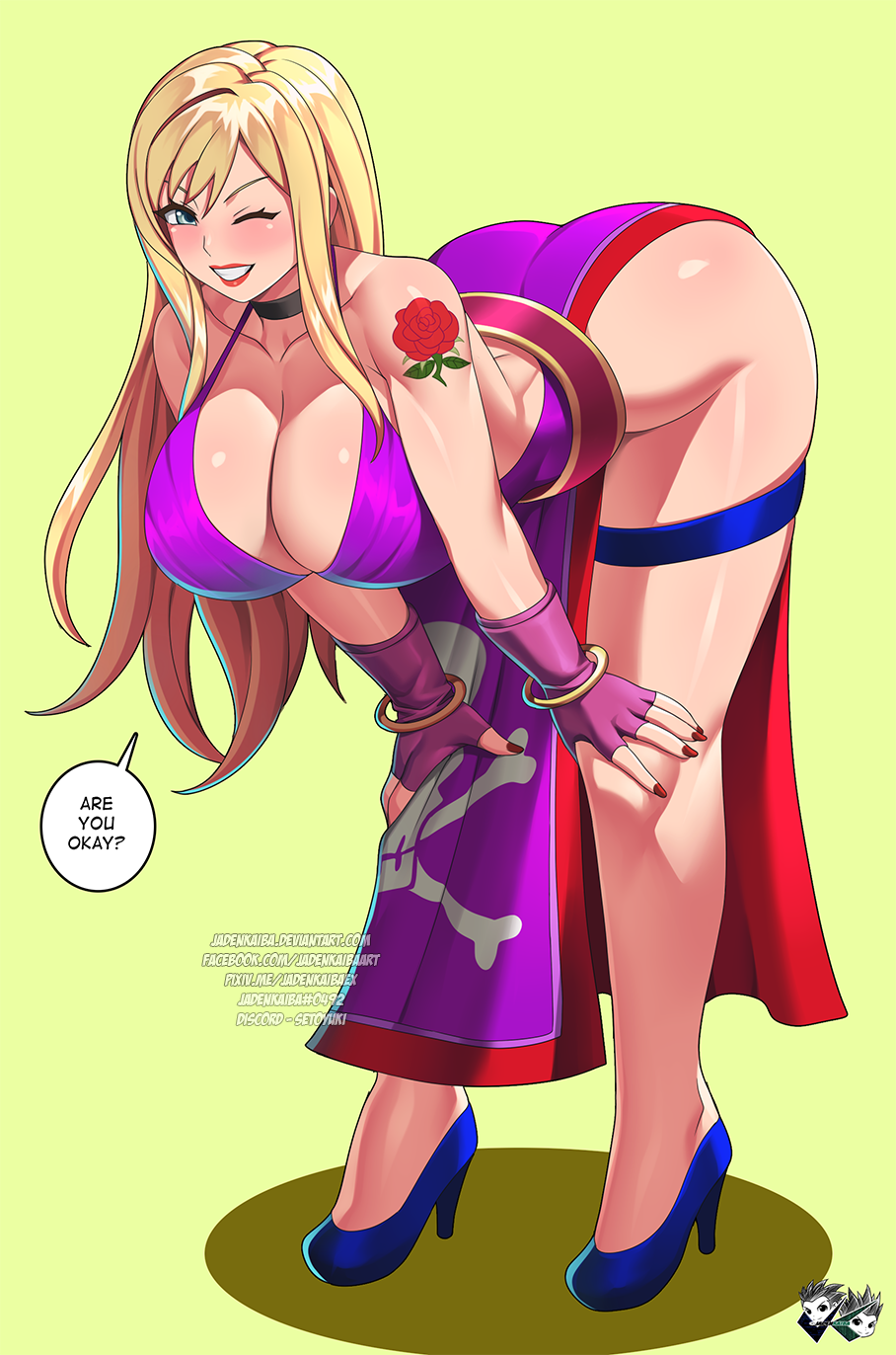1girl alluring big_breasts blonde_hair blue_eyes bonne_jenet cleavage dress fatal_fury fatal_fury:_city_of_the_wolves high_heels jadenkaiba king_of_fighters kneel legs posing snk winking