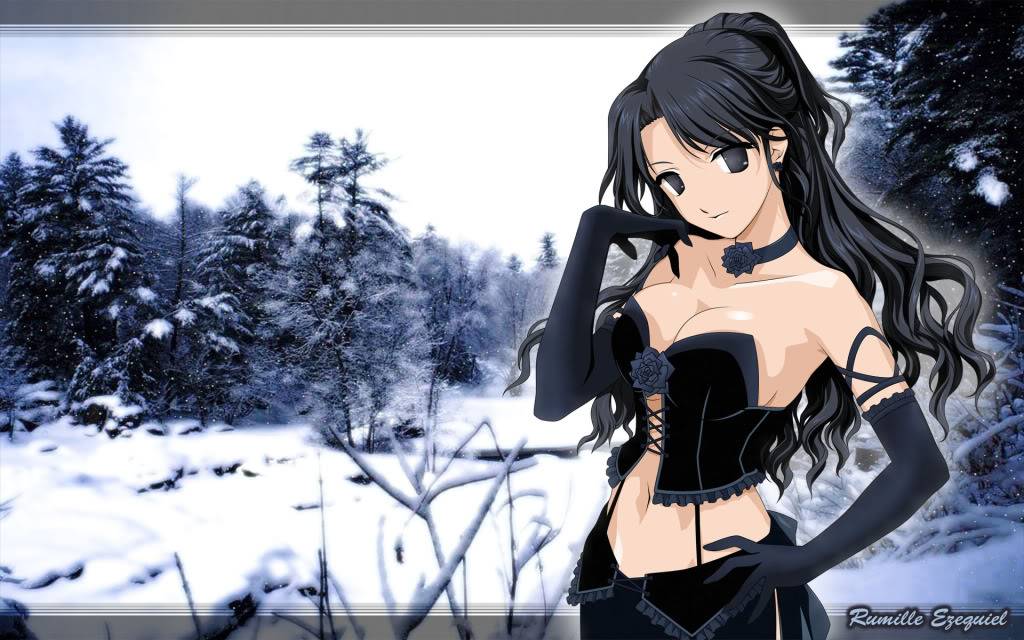 1girl alternate_color alternate_eye_color alternate_hair_color asymmetrical_bangs bangs bare_shoulders big_breasts black_choker black_clothing black_corset black_eyes black_flower black_gloves black_hair black_rose black_skirt bracelet breasts choker cleavage closed_mouth collarbone corset earrings elbow_gloves eyebrows_visible_through_hair female_only female_solo flower gloves hand_on_hip hand_up head_tilt jewelry long_hair looking_at_viewer mabinogi midriff navel neck necklace ponytail revealing_clothes rose rose_earrings rua skirt smile strapless tied_hair wavy_hair