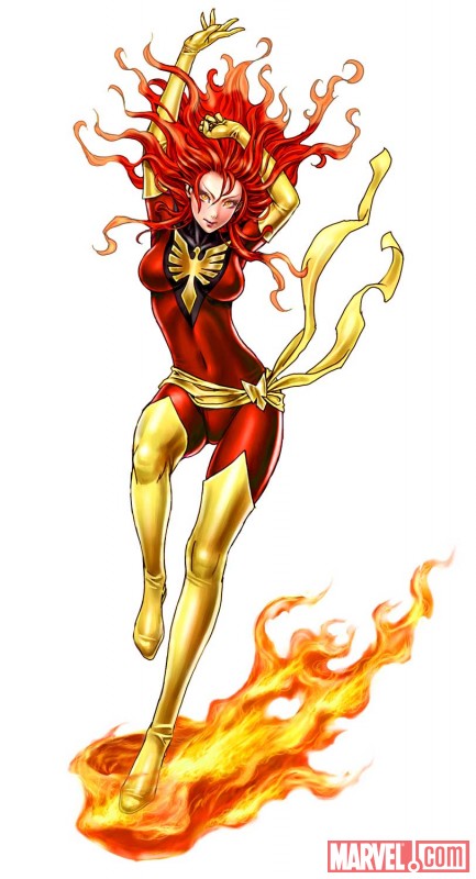 1girl arms_up big_breasts bodysuit boots breasts clenched_hand closed_mouth covered_navel dark_persona dark_phoenix elbow_gloves female_only female_solo fire floating_hair flying footwear full_body gloves glowing glowing_eyes jean_grey lips lipstick long_hair looking_at_viewer magic makeup marvel marvel_comics medium_breasts naughty_face orange_eyes phoenix_(x-men) red_bodysuit red_hair simple_background smile standing thigh_high_boots white_background x-men yamashita_shun'ya yellow_boots yellow_footwear yellow_gloves yellow_thigh_boots
