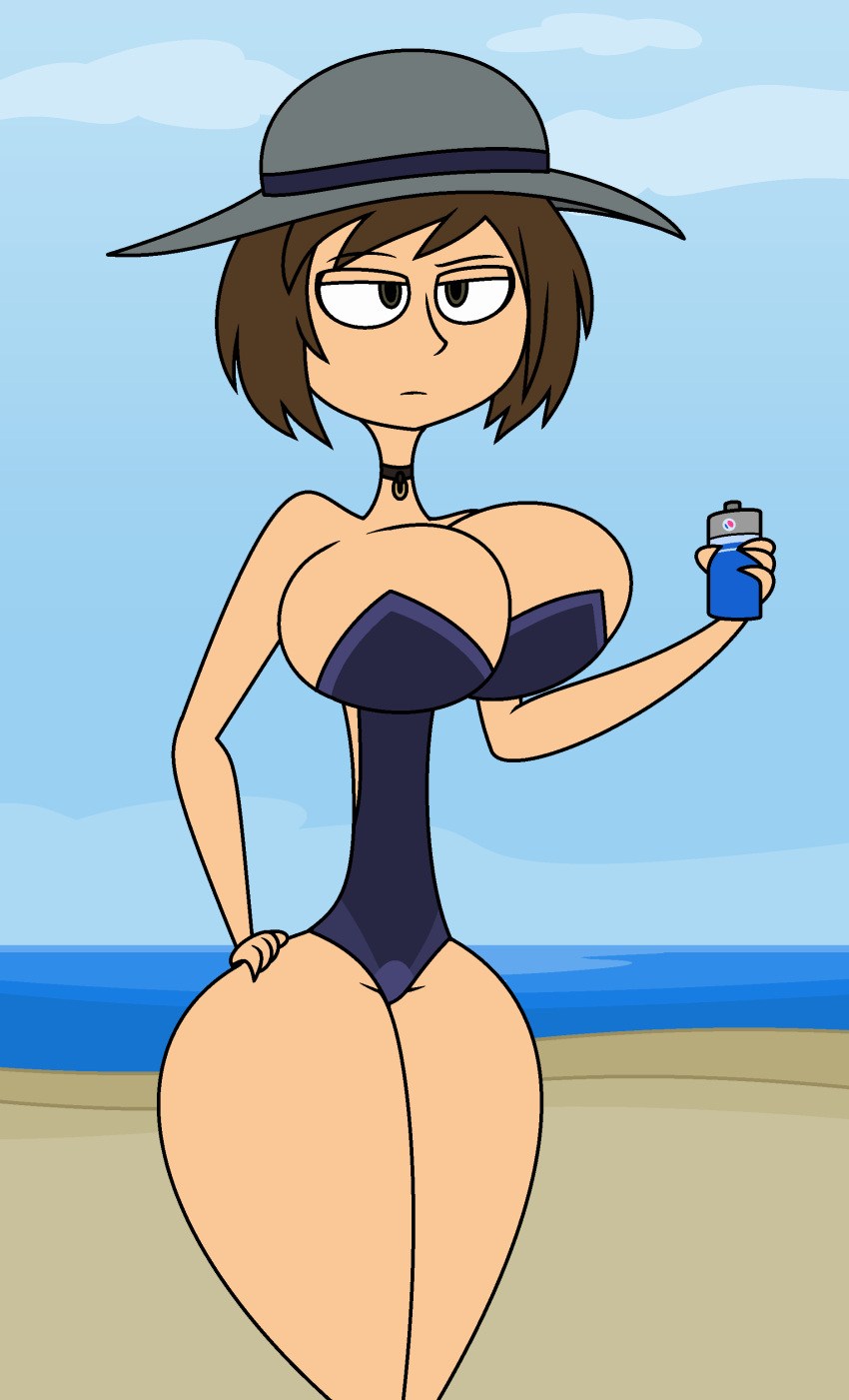 1girl beach beach_background big_breasts bikini brown_hair chaochao0071 collar collared hat holding_drink holding_object la-artist322_(artist) looking_at_another lustful narrowed_eyes one-piece_swimsuit one-piece_swimsuit revealing_swimsuit rhianna_dearston sexy swimsuit tan_skin youtuber