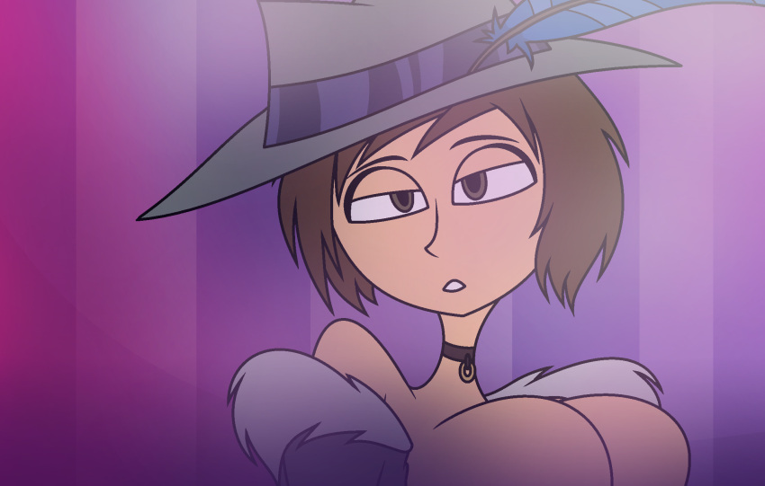 1girl big_breasts blue_feathers brown_hair chaochao0071 collar collared fur_cloak hat la-artist322_(artist) looking_at_viewer lustful narrowed_eyes rhianna_dearston sexy tan_skin youtuber