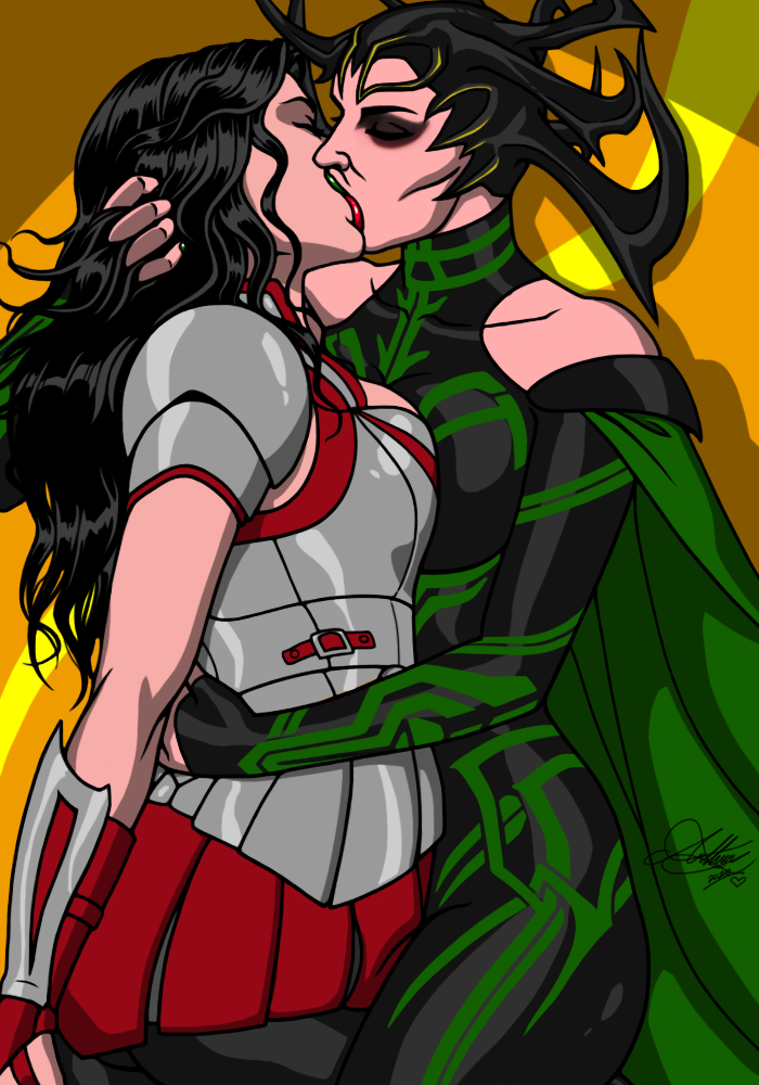 2_girls angry arm_at_side armor bare_shoulders big_breasts black_bodysuit black_eyeshadow black_hair black_horns bodysuit breast_press breasts cape closed_eyes clothing_cutout couple duo eyeshadow female_only femdom femsub fingerless_gloves gloves green_cape green_lipstick hela heroine horns hugging kaywest kissing lady_sif lezdom lips lipstick long_hair love makeup marvel marvel_comics medium_breasts miniskirt multiple_girls mutual_yuri neck pleated_skirt red_gloves red_lipstick red_skirt romantic romantic_couple serious shade shadow shoulder_cutout sif_(marvel) skirt standing superheroine supervillainess symmetrical_docking thor:_ragnarok thor_(series) villainess wavy_hair yuri