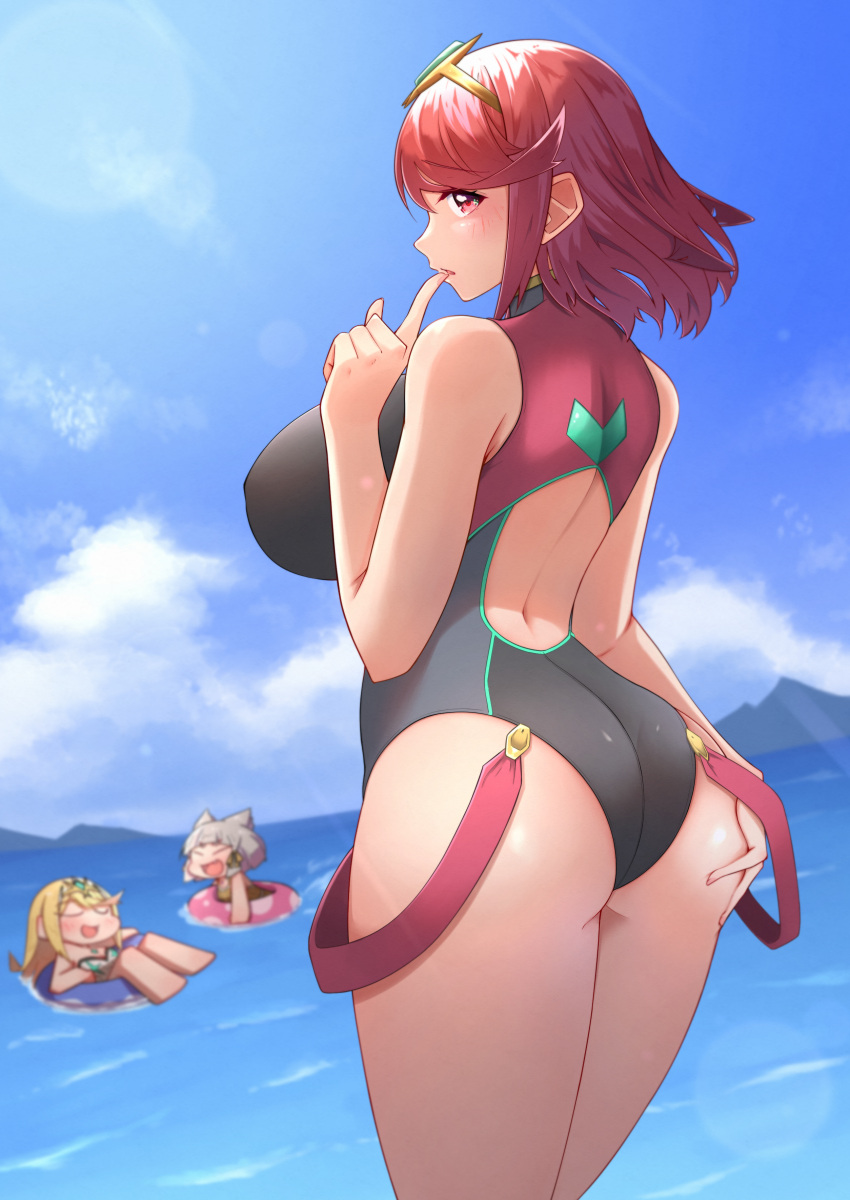 3_girls absurd_res alluring ass bare_shoulders big_breasts black_one-piece_bikini commentary commentary_request covered_erect_nipples cowboy_shot english_commentary from_behind heroine high_res milf mixed-language_commentary multiple_girls mythra mythra_(radiant_beach)_(xenoblade) nia_(fancy_sundress)_(xenoblade) nia_(xenoblade) ocean one-piece_bikini osora_(judithandlilith) pyra pyra_(pro_swimmer)_(xenoblade) red_eyes red_hair short_hair solo_focus swim_ring swimsuit textless_version tiara xenoblade_(series) xenoblade_chronicles_2
