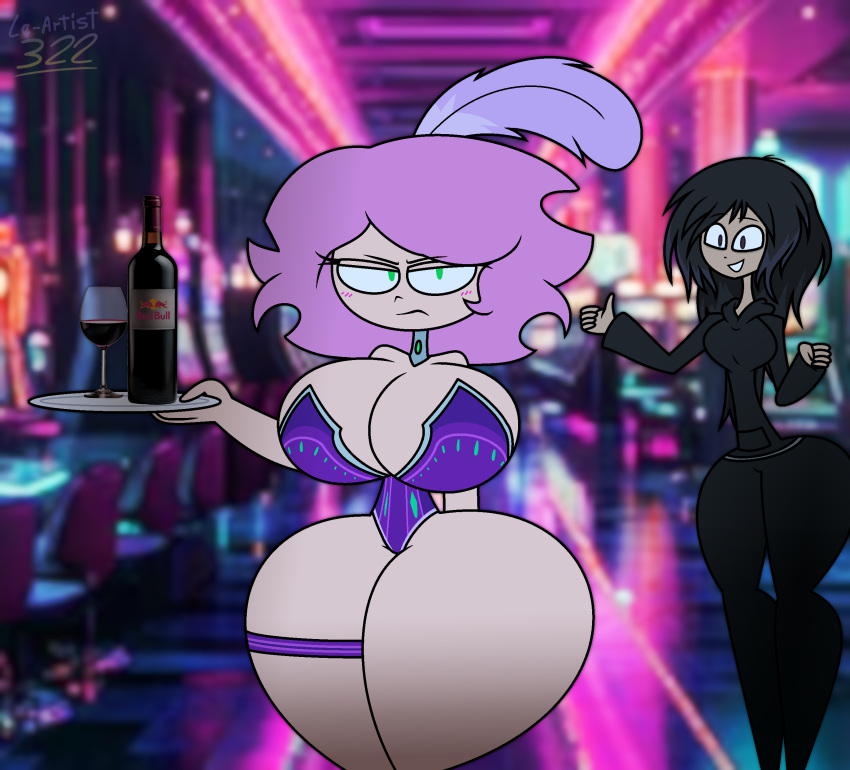 angry_expression babe big_breasts bottle casino character_in_background collar collared feather frown frowning_at_viewer green_eyes holding_drink holding_object holding_plate juj_puj juj_puj_(youtuber) la-artist322_(artist) lewd makta_(la-artist322) milf narrowed_eyes pink_hair revealing revealing_clothes revealing_outfit sexy showgirl supporting thicc thicc_thighs thick_thighs thumbs_up waitress wine wine_glass young_adult_female young_adult_woman youtuber youtuber_girl