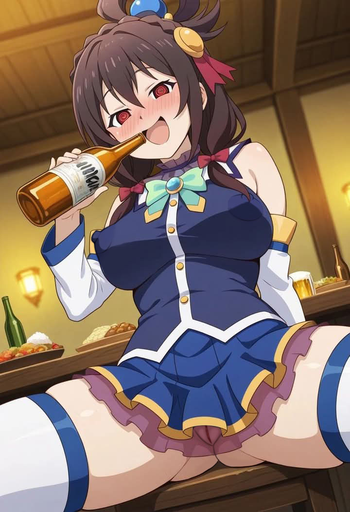 aqua_(cosplay) big_breasts brown_hair cosplay drinking kono_subarashii_sekai_ni_shukufuku_wo! long_hair looking_at_viewer nekom14 nipples_visible_through_clothing no_bra no_panties pussy red_eyes spread_legs upskirt yunyun_(konosuba)
