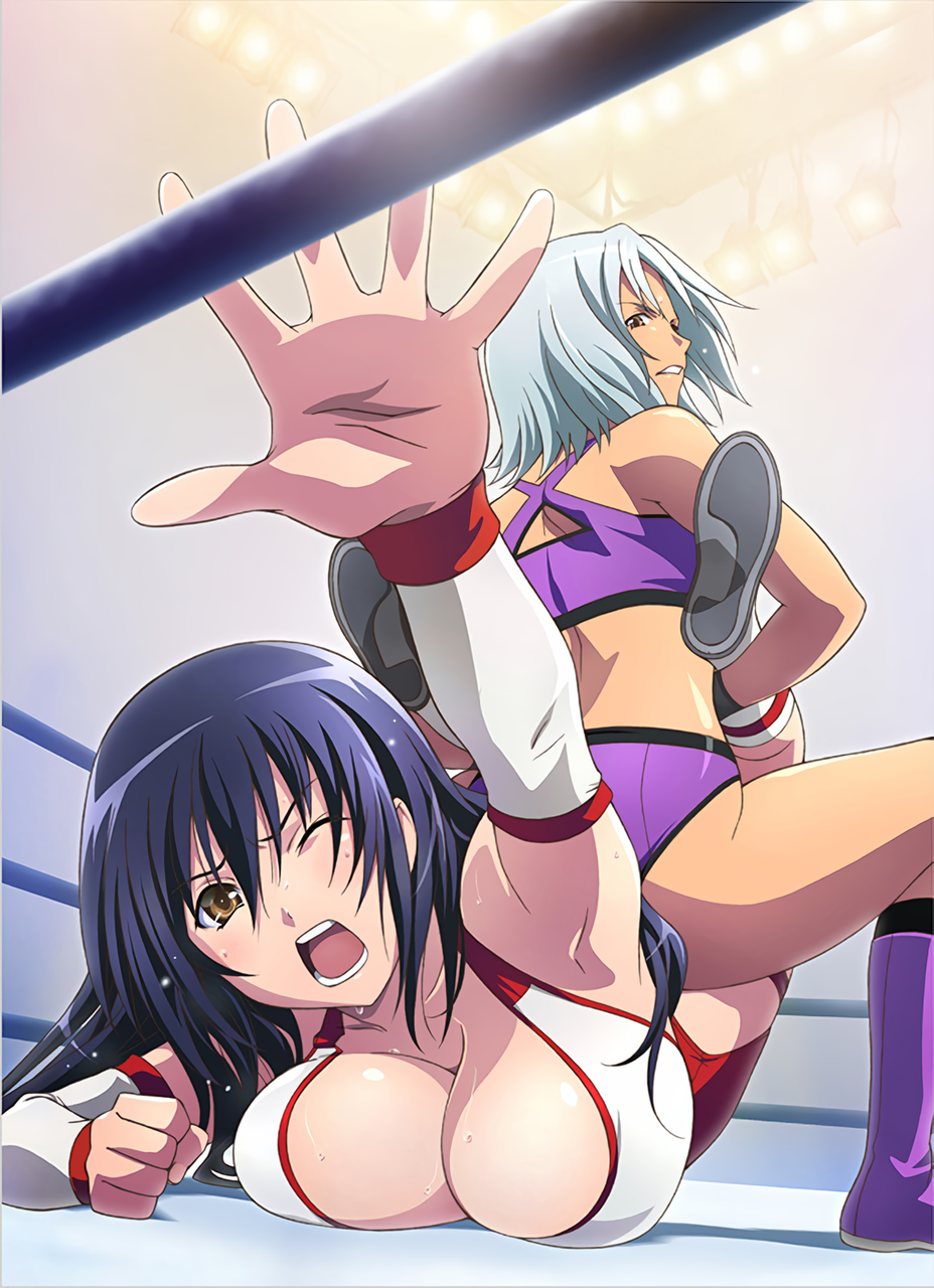 10s 2_girls alluring artist_request ass big_breasts black_hair boots boston_crab breasts brown_eyes cleavage clenched_hand dark-skinned_female dark_skin hagiwara_sakura kazama_rio leotard long_hair multiple_girls official_art one_eye_closed open_mouth outstretched_hand reaching ryona sekai_de_ichiban_tsuyoku_naritai! short_hair submission sweat thighs white_hair wink wrestling wrestling_outfit wrestling_ring