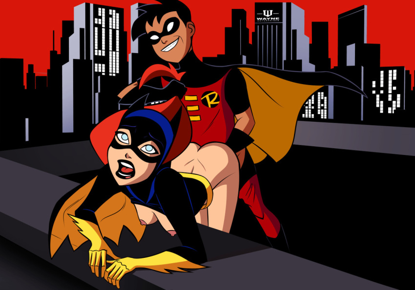 1boy 1girl ass barbara_gordon batgirl batman:_the_animated_series batman_(series) bent_over black_hair black_lipstick black_mask blue_eyes bottomless bottomless_female breasts building cape city cityscape clothed_sex couple dc_comics dick_grayson domino_mask duo grin hair_grab hair_pull hanging_breasts hero heroine hetero lips lipstick long_hair makeup mask medium_breasts mistermultiverse moaning nipples open_clothes outdoor_sex outside red_hair robin rooftop sex short_hair smile standing standing_sex superhero superheroine the_new_batman_adventures