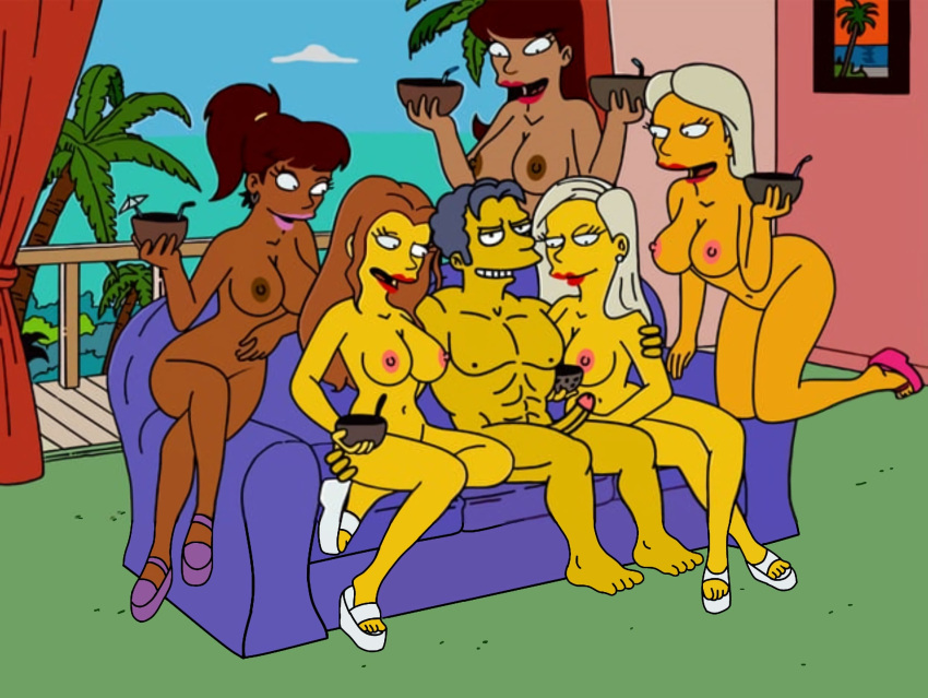 1boy 5girls black_hair blonde_hair breasts breasts_out brown_hair completely_nude_female couch dark-skinned_female harem imminent_orgy imminent_sex moe_szyslak multiple_girls muscle nipples nude nude_female nude_male palm_tree penis the_simpsons window yellow_skin