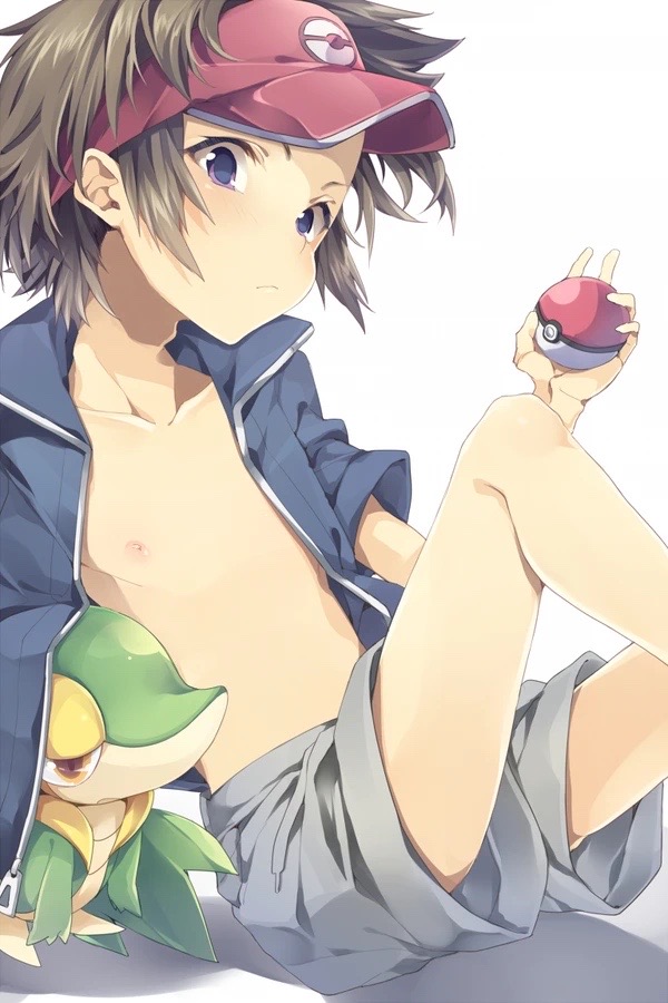 1boy bare_legs blue_jacket breasts brown_hair jacket legs male male_focus nate_(pokemon) nipple pixiv pixiv_id pokemon pokemon_(game) pokemon_bw pokemon_bw2 shirtless shorts snivy thighs