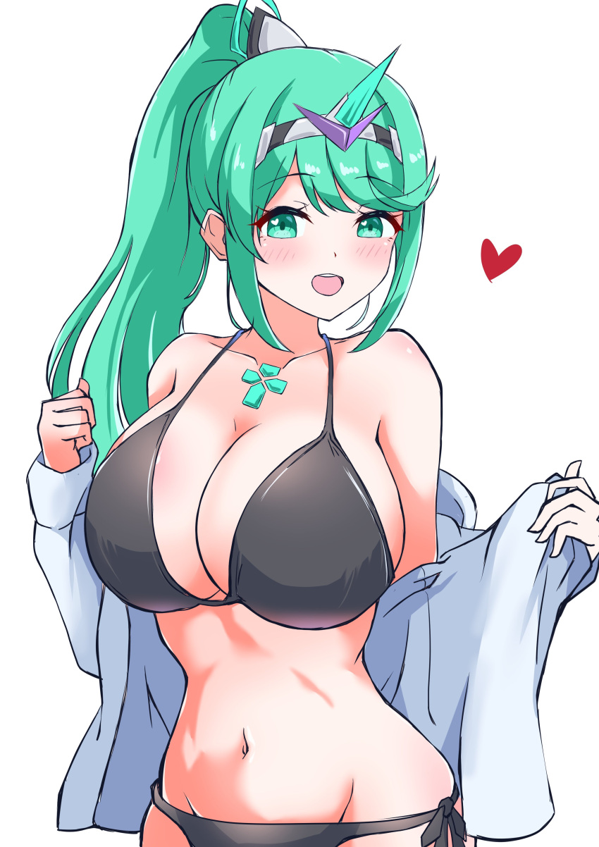 1girl 1girl absurd_res alluring alternate_costume big_breasts bikini breasts green_eyes grey_hair high_res otama_(otama_ladle23) pneuma_(xenoblade) ponytail swimsuit xenoblade_(series) xenoblade_chronicles_2