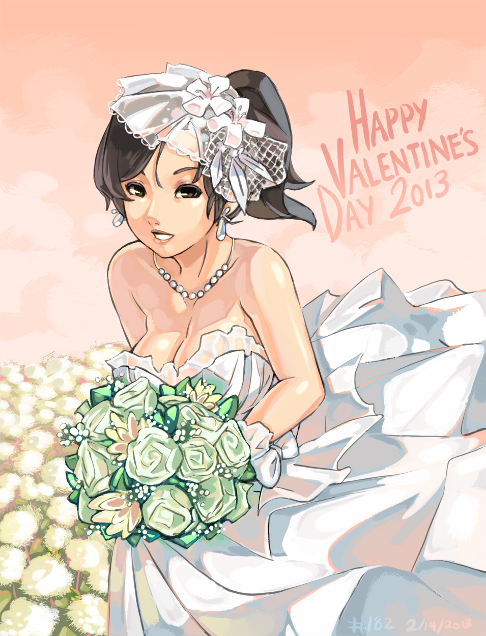 1girl 2013 bangs bare_arms bare_shoulders big_breasts black_hair bouquet breasts brown_eyes brown_lipstick dress earrings english_text evy_(mabinogi) female_only female_solo flower green_flower green_rose grin hair_ornament half-closed_eyes happy happy_valentine jewelry junkpuyo lips lipstick long_dress looking_at_viewer mabinogi mabinogi_heroes makeup neck necklace parted_lips pearl_necklace pink_background ponytail rose short_hair smile strapless strapless_dress swept_bangs text tied_hair valentine's_day vella_(mabinogi) wedding_dress white_dress