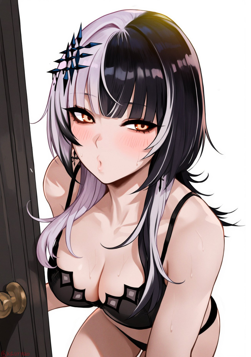 1girl 2d_(artwork) black_hair blush bra breasts cleavage door goth goth_girl hololive hololive_english kguy1920 kissy_face looking_at_viewer panties shiori_novella sweat underwear virtual_youtuber white_hair yellow_eyes