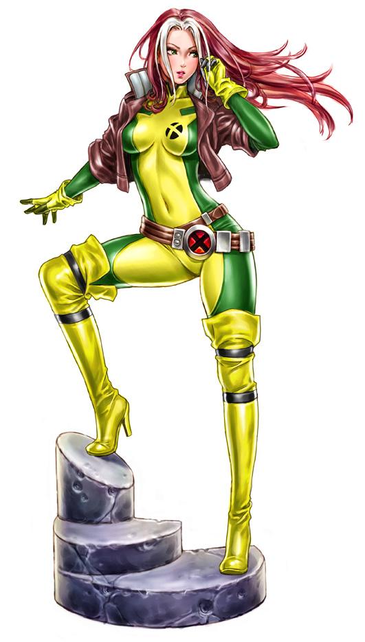 1girl adjusting_hair alternate_hair_color anna_marie arm_at_side bangs belt boots breasts brown_belt brown_jacket expressionless female_only female_solo floating_hair footwear full_body gloves green_bodysuit green_eyes hand_up high_heel_boots high_heels jacket lips lipstick long_hair looking_to_the_side makeup marvel marvel_comics medium_breasts multicolored_bodysuit multicolored_clothes multicolored_hair open_clothes open_jacket outstretched_arm parted_bangs parted_lips pink_lipstick red_hair rogue_(x-men) serious short_sleeves simple_background skin_tight standing straight_hair thigh_high_boots thighs two-tone_bodysuit two-tone_hair two_tone_hair white_background white_hair x-men yamashita_shun'ya yellow_bodysuit yellow_boots yellow_footwear yellow_gloves yellow_high_heel_boots yellow_high_heels yellow_thigh_boots