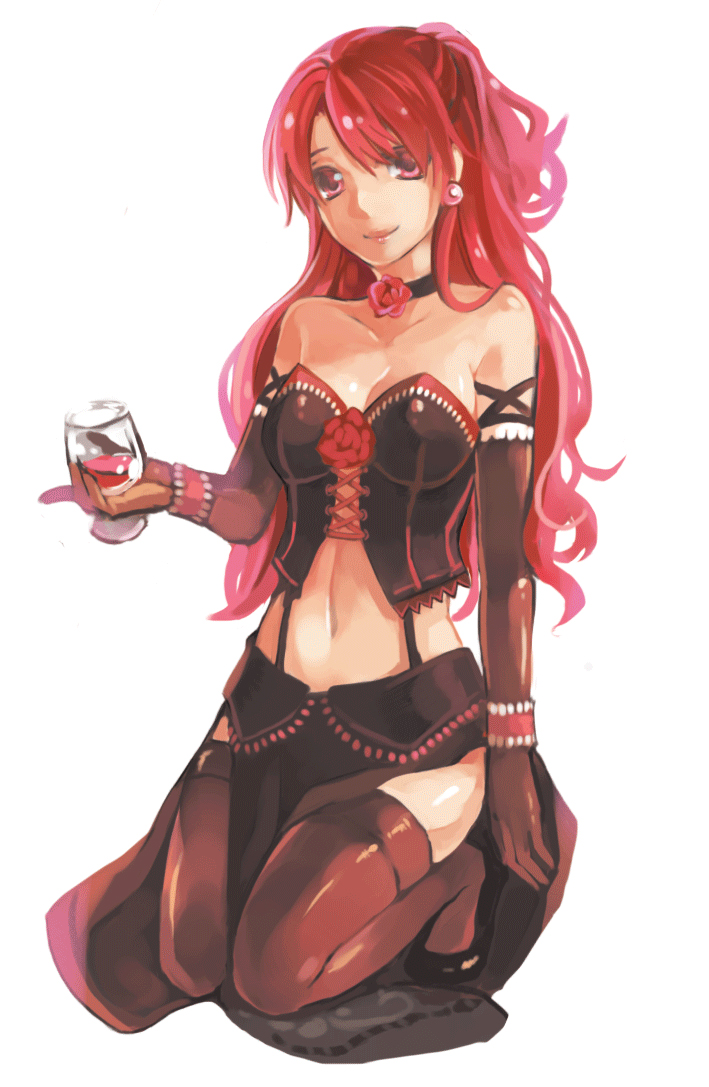 1girl alcohol arm_at_side asymmetrical_bangs bangs bare_shoulders black_choker black_clothing black_corset black_footwear black_high_heels black_skirt bracelet breasts brown_gloves brown_legwear brown_thighhighs choker cleavage closed_mouth collarbone corset drink drinking_glass earrings elbow_gloves eyebrows_visible_through_hair female_only female_solo flower footwear full_body gloves hair_between_eyes hand_up high_heels holding holding_drink holding_drinking_glass jewelry kneel legwear lips lipstick long_hair long_skirt looking_at_viewer mabinogi makeup medium_breasts midriff navel neck necklace pelvic_curtain pink_earrings pink_eyes ponytail red_flower red_hair red_rose revealing_clothes rose rua side_slit simple_background skirt smile stockings strapless tied_hair toyger toyger_(artist) wavy_hair white_background wine