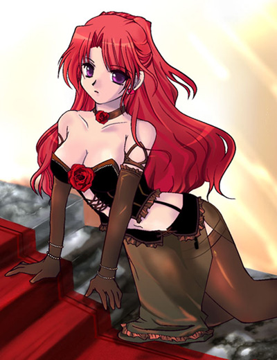 1girl alcohol arm_support artist_request asymmetrical_bangs bangs bare_shoulders big_breasts black_clothing black_corset bracelet breasts brown_choker brown_gloves brown_legwear brown_thighhighs choker cleavage closed_mouth collarbone corset earrings elbow_gloves expressionless eyebrows_visible_through_hair eyes_visible_through_hair female_only female_solo flower gloves hair_between_eyes jewelry kneel legwear lips lipstick long_hair long_skirt looking_at_viewer mabinogi makeup medium_breasts midriff navel neck necklace pelvic_curtain pink_earrings ponytail purple_eyes red_flower red_hair red_rose revealing_clothes rose rua see-through see-through_skirt side_slit skirt smile stairs stockings strapless tied_hair wavy_hair