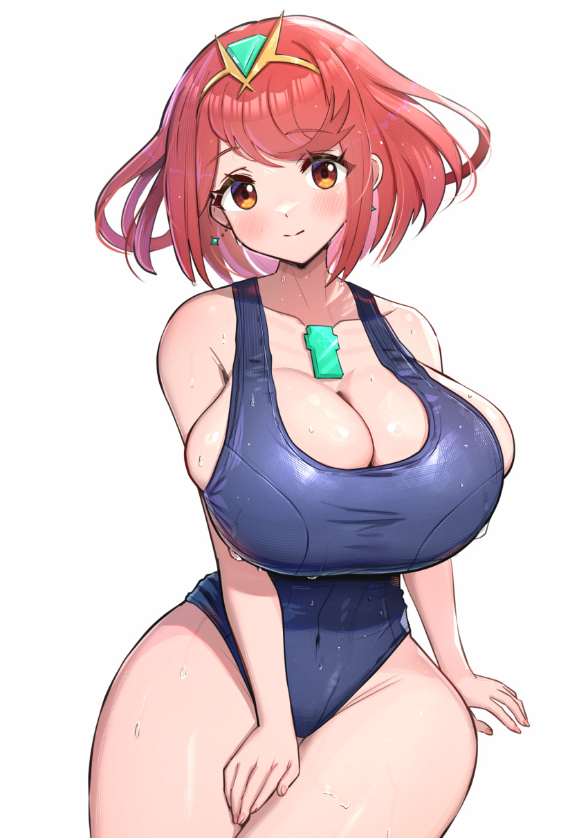 1girl alluring alternate_costume big_breasts blue_one-piece_bikini blush bob_cut breasts chest_jewel cleavage closed_mouth competition_school_swimsuit core_crystal_(xenoblade) covered_navel earrings gem gonzarez headpiece heroine high_res jewelry looking_at_viewer milf navel new_school_swimsuit nintendo one-piece_bikini pyra red_eyes red_hair school_swimsuit short_hair smile swept_bangs swimsuit thighs tiara xenoblade_(series) xenoblade_chronicles_2