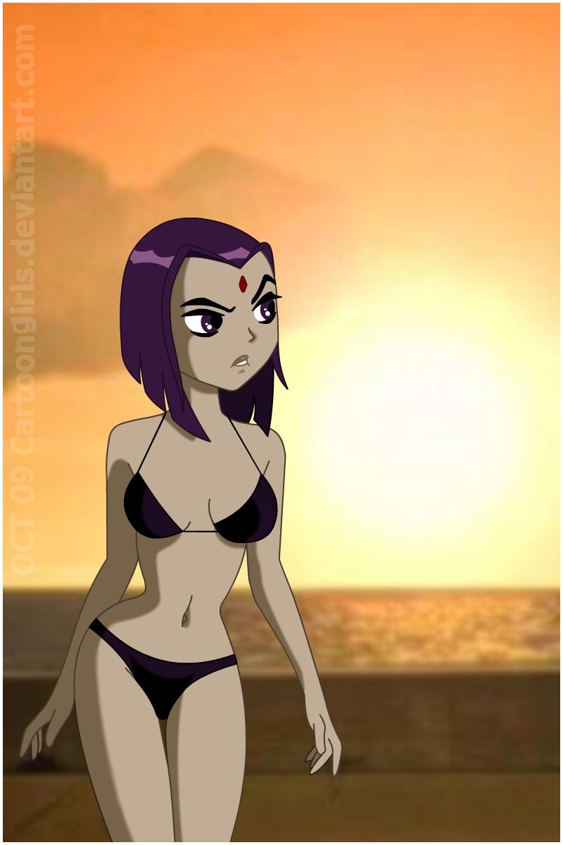 1girl alternate_costume angry arm_at_side arm_behind_back bangs bare_arms bare_legs bare_shoulders bikini black_bikini black_swimsuit bob_cut breasts cartoongirls_(artist) cloud dc_comics demon_girl female_only female_solo forehead_jewel gem gemstone grey_skin heroine jewelry legs lips looking_to_the_side matching_hair/eyes medium_breasts midriff navel ocean older older_female outside parted_bangs parted_lips purple_eyes purple_hair rachel_roth raven_(dc) red_gem red_gemstone serious short_hair sky small_breasts standing sunset superheroine swimsuit teen_titans water young_adult young_adult_female young_adult_woman