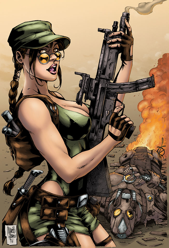 1girl alternate_costume bare_arms bare_shoulders big_breasts braid breasts brown_eyes brown_gloves brown_hair cleavage collarbone female_only female_solo fingerless_gloves gloves gun hat holding holding_gun holding_weapon kneel lara_croft lips lipstick long_hair looking_at_viewer machine_gun makeup marcio_abreu neck open_mouth outside red_lipstick sleeveless sunglasses tied_hair tomb_raider trigger_discipline weapon