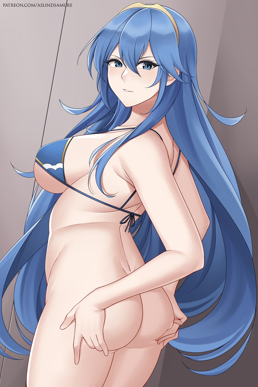 1girl alternative_bust_size aslind_samure aslindsamure ass back big_breasts bikini bikini_top_only blue_eyes blue_hair breasts cowboy_shot female_only fire_emblem fire_emblem:_awakening from_behind grin hair_between_eyes hand_on_own_ass high_resolution intelligent_systems long_hair looking_at_viewer lucina lucina_(fire_emblem) naked_from_the_waist_down nintendo sideboob smile twisted_torso under_boob very_high_resolution