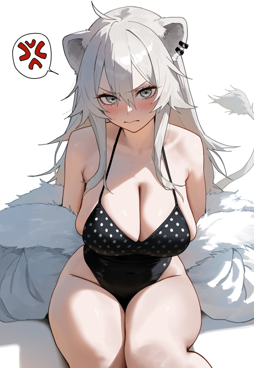 1girl angry_expression angry_face big_ass big_breasts bikini blush breasts child_bearing_hips embarrassed embarrassed_female furry_ears furry_female furry_tail hololive hololive_japan kguy1920 kneel long_hair looking_at_viewer one-piece_swimsuit shishiro_botan sideboob slim_waist tagme thick_ass thick_thighs virtual_youtuber white_hair wide_hips