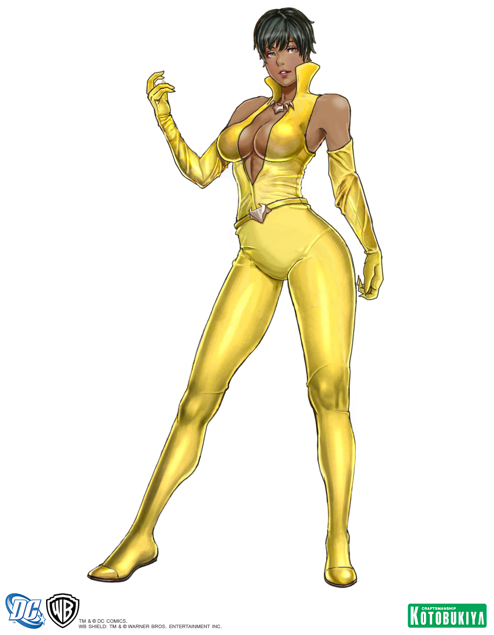 1girl arm_at_side bare_shoulders big_breasts black_hair breasts brown_eyes cleavage dark-skinned_female dark_skin dc_comics dcau expressionless female_only female_solo full_body gloves hair_between_eyes half-closed_eyes hand_up heroine jewelry justice_league justice_league_unlimited lips lipstick looking_at_viewer makeup mari_mccabe medium_breasts neck necklace parted_lips short_hair simple_background standing superheroine vixen_(dc) white_background yamashita_shun'ya yellow_clothing yellow_gloves