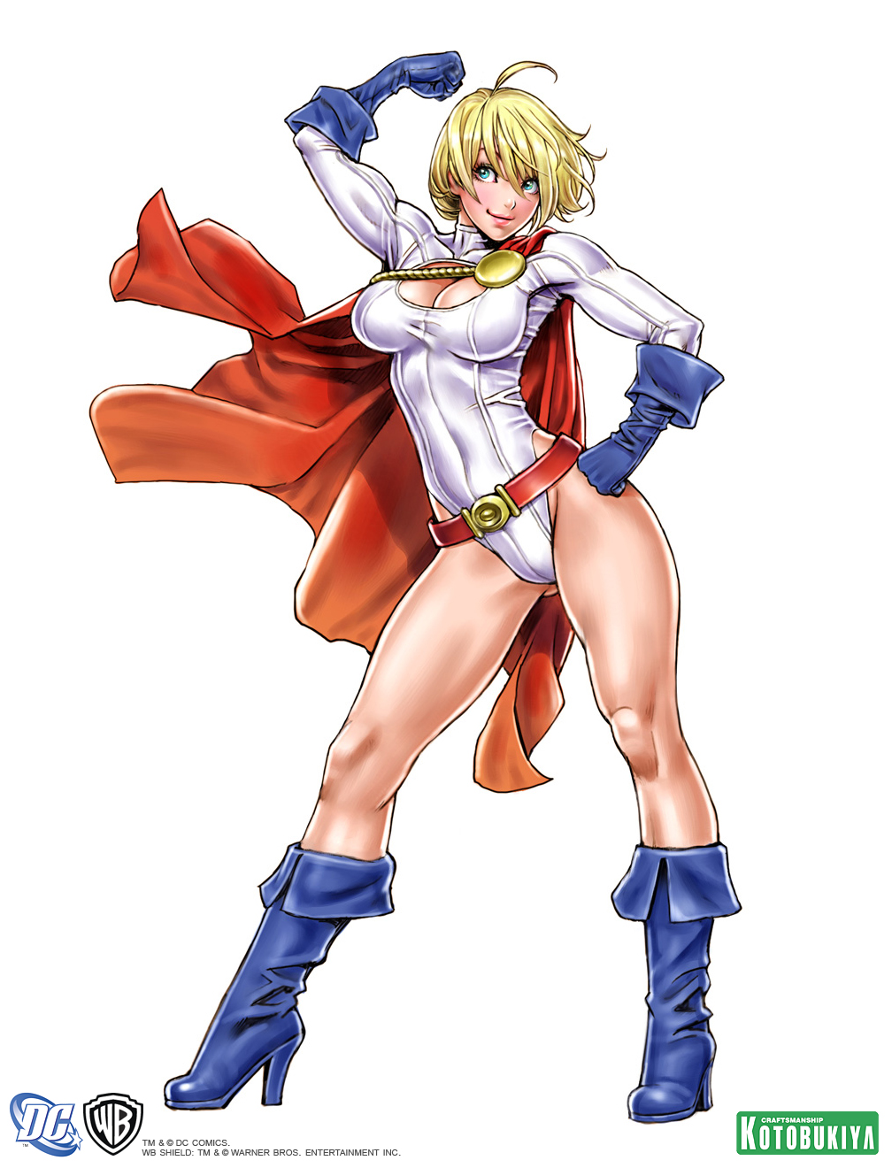 1girl arm_up bare_legs belt big_breasts blonde_female blonde_hair blue_boots blue_eyes blue_footwear blue_gloves blue_high_heel_boots blue_high_heels boots breasts cape cleavage cleavage_cutout clenched_hands closed_mouth clothing_cutout dc_comics dcau female_only female_solo footwear full_body gloves hand_on_hip high_heel_boots high_heels justice_league justice_league_unlimited legs leotard lips looking_at_viewer muscle muscular muscular_female power_girl red_belt red_cape short_hair simple_background smile spread_legs standing thick_thighs thighs white_background white_leotard yamashita_shun'ya