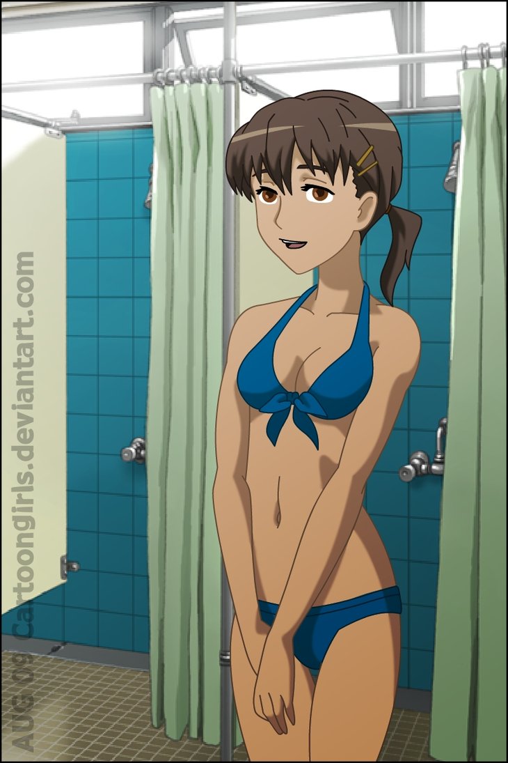 1girl bare_arms bare_legs bare_shoulders bikini blood_plus blue_bikini blue_swimsuit breasts brown_eyes brown_hair cartoongirls_(artist) collarbone female_only female_solo hair_between_eyes indoors kaori_kinjou kinjou_kaori legs legs_together looking_at_viewer midriff navel neck open_mouth ponytail short_hair small_breasts smile standing swimsuit tied_hair v_arms
