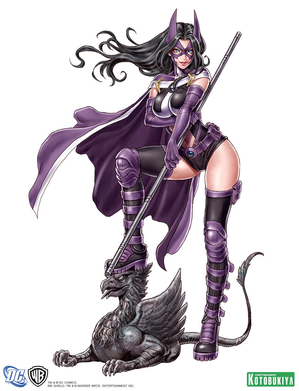 1girl big_breasts birds_of_prey black_hair black_leotard blue_eyes breasts cape closed_mouth clothing_cutout dc_comics dcau elbow_gloves female_only female_solo floating_hair full_body gloves helena_bertinelli heroine holding holding_staff holding_weapon huntress_(dc) justice_league justice_league_unlimited legs leotard lips lipstick long_hair looking_at_viewer makeup mask naughty_face navel navel_cutout pink_lipstick purple_cape purple_gloves purple_mask simple_background smile staff standing statue superheroine thighs weapon white_background yamashita_shun'ya