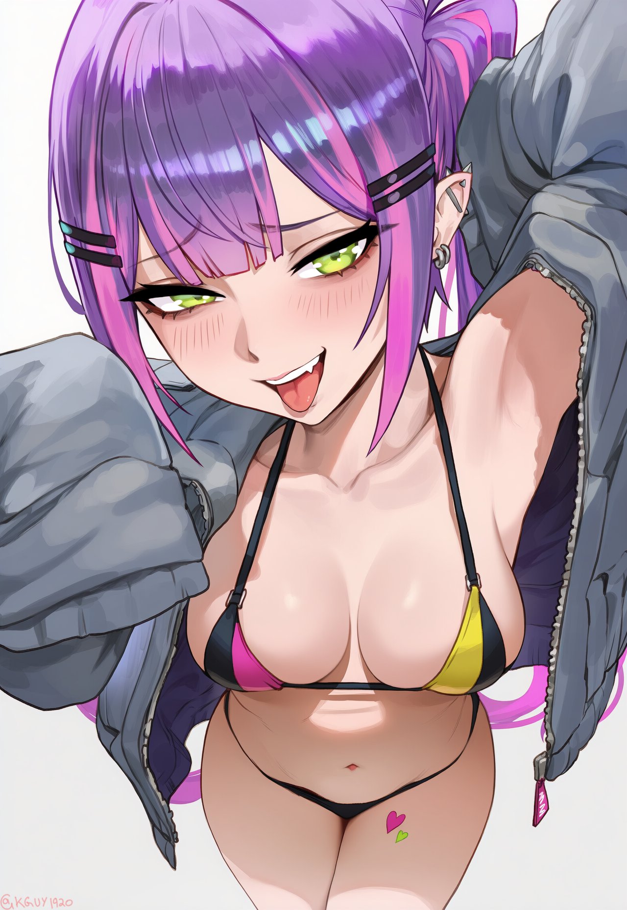 1girl bikini blush breasts ear_piercing grin hololive hololive_japan jacket kguy1920 looking_at_viewer navel open_mouth purple_hair tokoyami_towa tongue tongue_out virtual_youtuber vtuber white_background