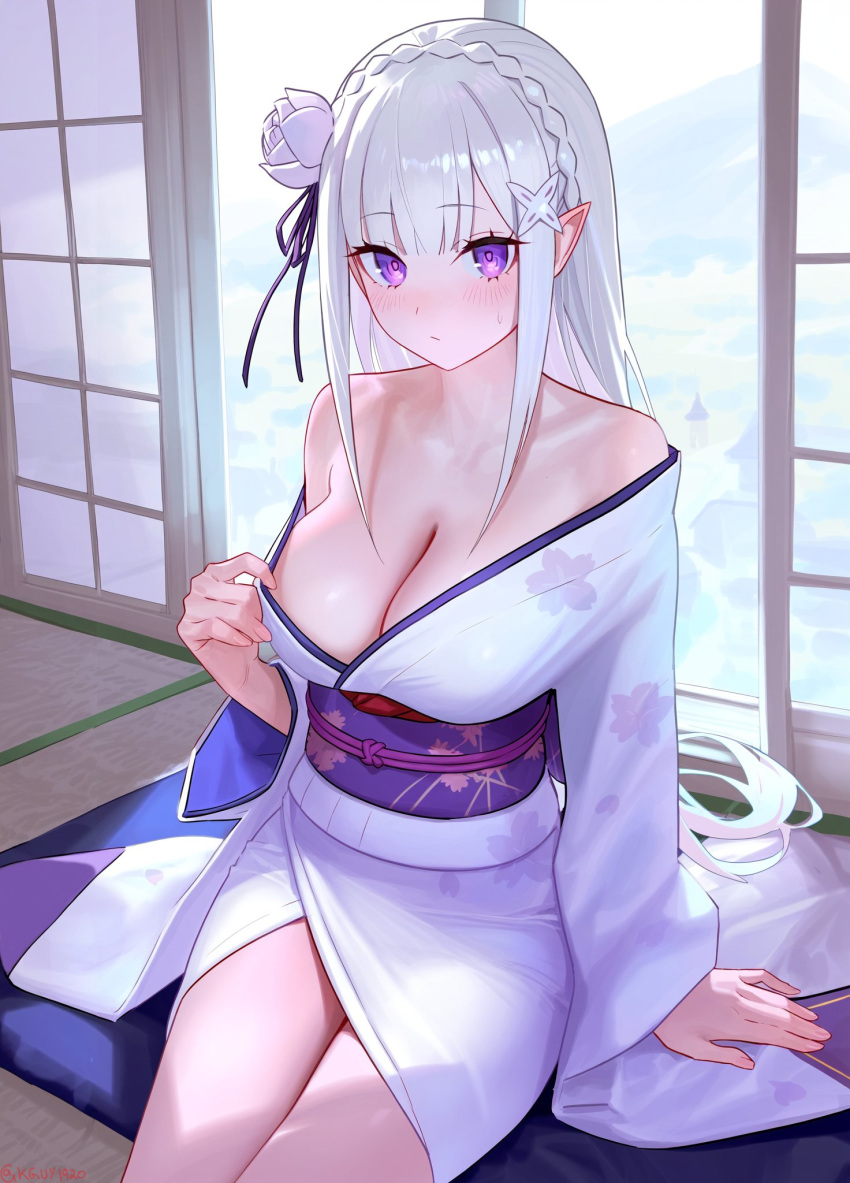 1girl blush breasts breasts_focus cleavage elf elf_ears elf_female elf_girl emilia_(re:zero) exposed_shoulders japanese_clothes kguy1920 looking_at_viewer on_floor purple_eyes re:zero_kara_hajimeru_isekai_seikatsu silver_hair sitting thighs yukata