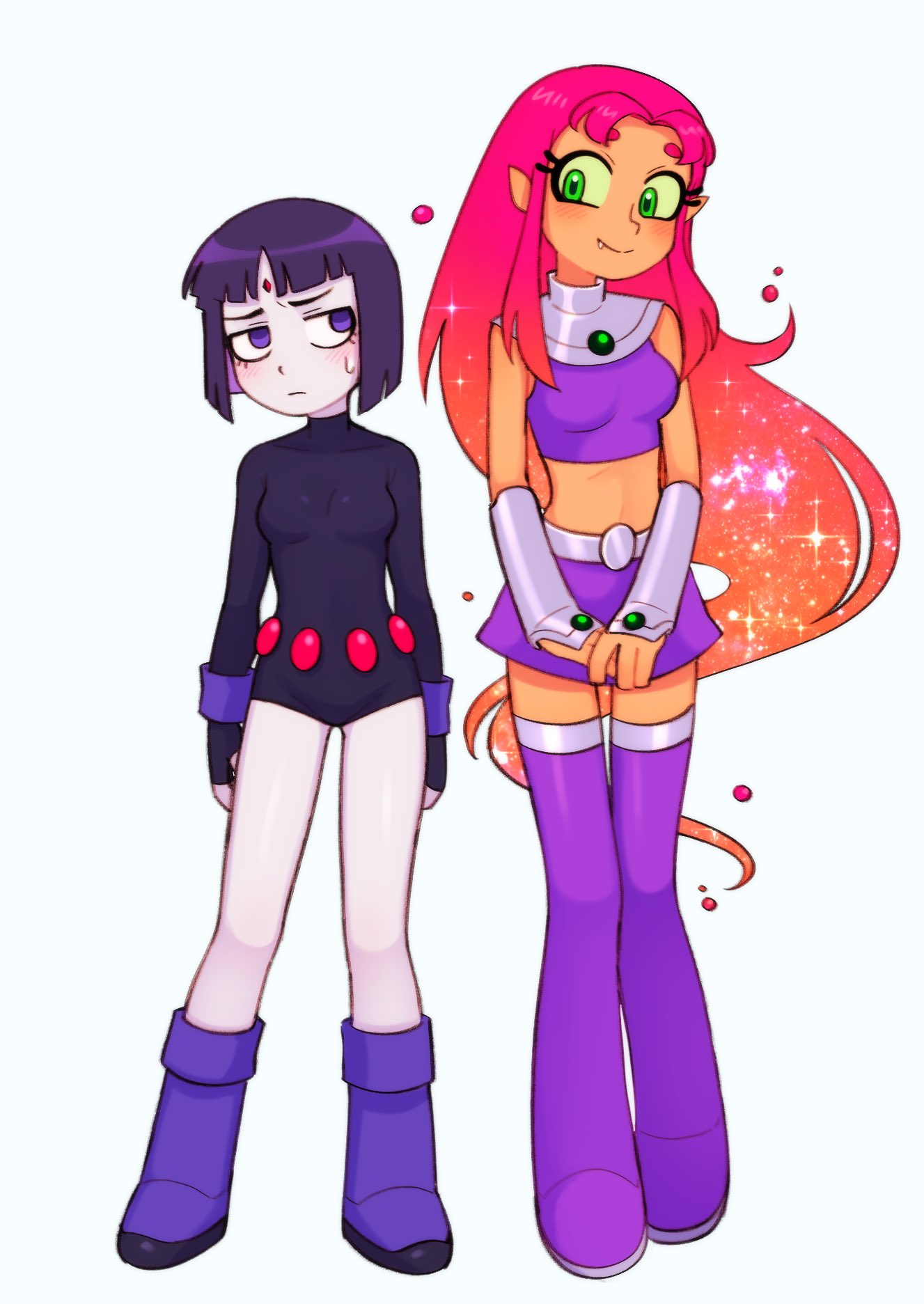 2_girls alien_girl arms_at_sides bangs bare_legs bare_shoulders batrobin_k belt black_hair black_leotard blue_boots blue_footwear blunt_bangs blush bob_cut boots breasts closed_mouth dark-skinned_female dark_purple_hair dark_skin dc_comics demon_girl duo empty_eyes fang female_only footwear forehead_jewel friends full_body gem gemstone gradient gradient_hair green_eyes green_sclera grey_skin half-closed_eyes hands_together happy head_tilt jewelry koriand'r legs legs_together leotard long_hair long_sleeves looking_at_another looking_to_the_side medium_breasts midriff miniskirt multicolored_hair multiple_girls neck older older_female parted_bangs pencil_skirt purple_boots purple_clothing purple_eyes purple_footwear purple_skirt purple_thigh_boots rachel_roth raven_(dc) red_gem red_gemstone red_hair serious short_hair shy side-by-side sidelocks simple_background skirt sleeveless small_breasts smile standing starfire straight_hair sweat sweatdrop tamaranean teen_titans teen_titans_go teenage_girl thigh_high_boots turtleneck turtleneck_leotard two-tone_hair two_tone_hair very_long_hair white_background young_adult young_adult_female young_adult_woman