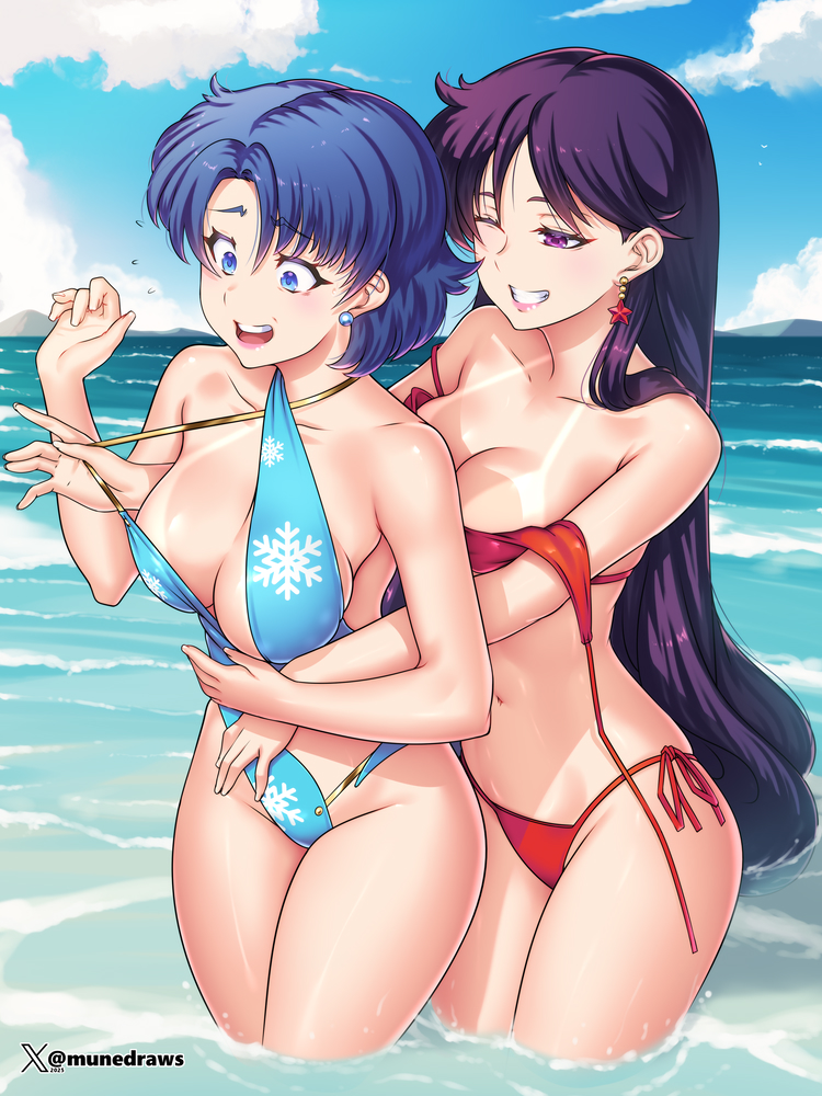 2_girls ami_mizuno beach big_breasts bikini bishoujo_senshi_sailor_moon black_hair blue_eyes blue_hair blue_one-piece_bikini blue_slingshot_swimsuit breasts cleavage commentary earrings embarrassed english_commentary etchimune hino_rei jewelry long_hair mizuno_ami multiple_girls navel one-piece_bikini one_eye_closed open_mouth purple_eyes red_bikini rei_hino short_hair sling_bikini slingshot_swimsuit smile snowflake_print snowflakes star_(symbol) star_earrings stomach swimsuit tan tan_line thighs very_long_hair water
