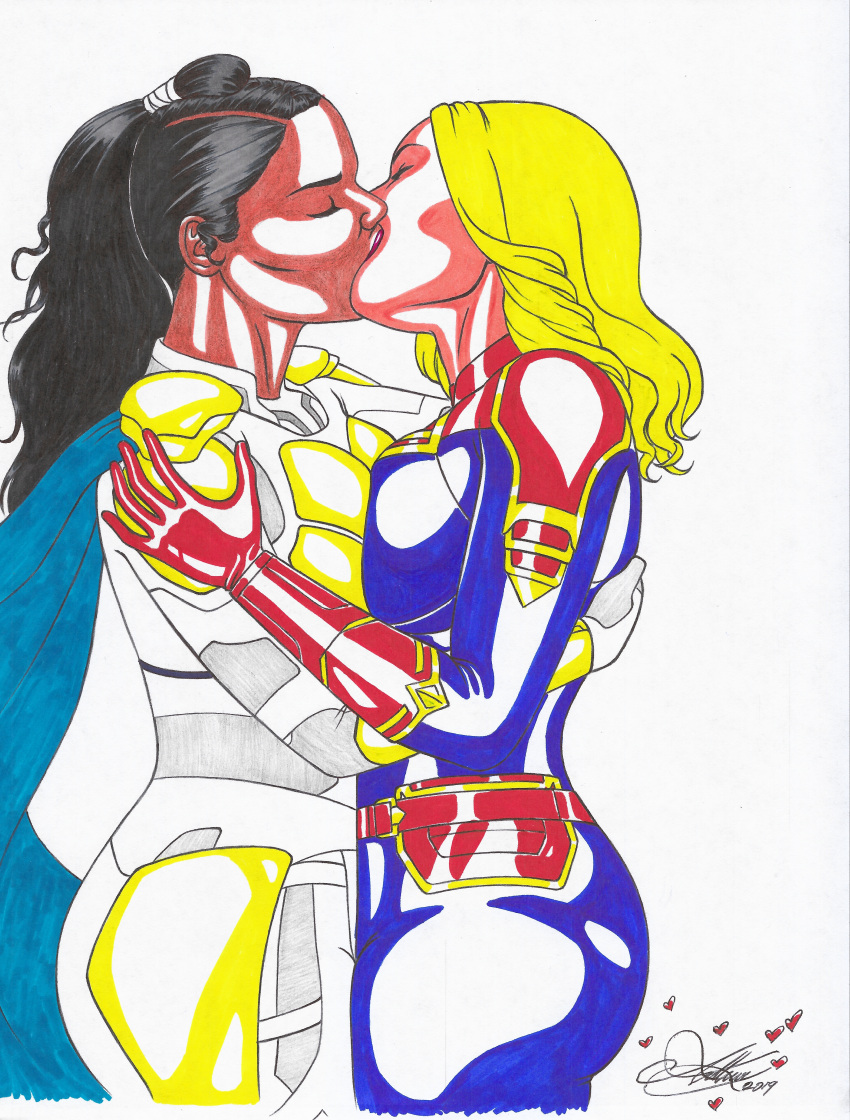 2_girls armor avengers avengers:_endgame big_breasts black_hair blonde_female blonde_hair blue_bodysuit blue_cape bodysuit breast_press breasts cape captain_marvel carol_danvers closed_eyes couple dark-skinned_female dark_skin duo female_only heart heroine hugging interracial interracial_yuri kaywest kissing lips lipstick long_hair love makeup marvel marvel_comics ms._marvel ms._marvel_(carol_danvers) multicolored_bodysuit multicolored_clothes multiple_girls mutual_yuri neck ponytail red_bodysuit romantic romantic_couple skin_tight standing superheroine symmetrical_docking the_marvels thor:_ragnarok thor_(series) tied_hair two-tone_bodysuit valkyrie_(marvel) valkyrie_(thor) white_bodysuit yuri