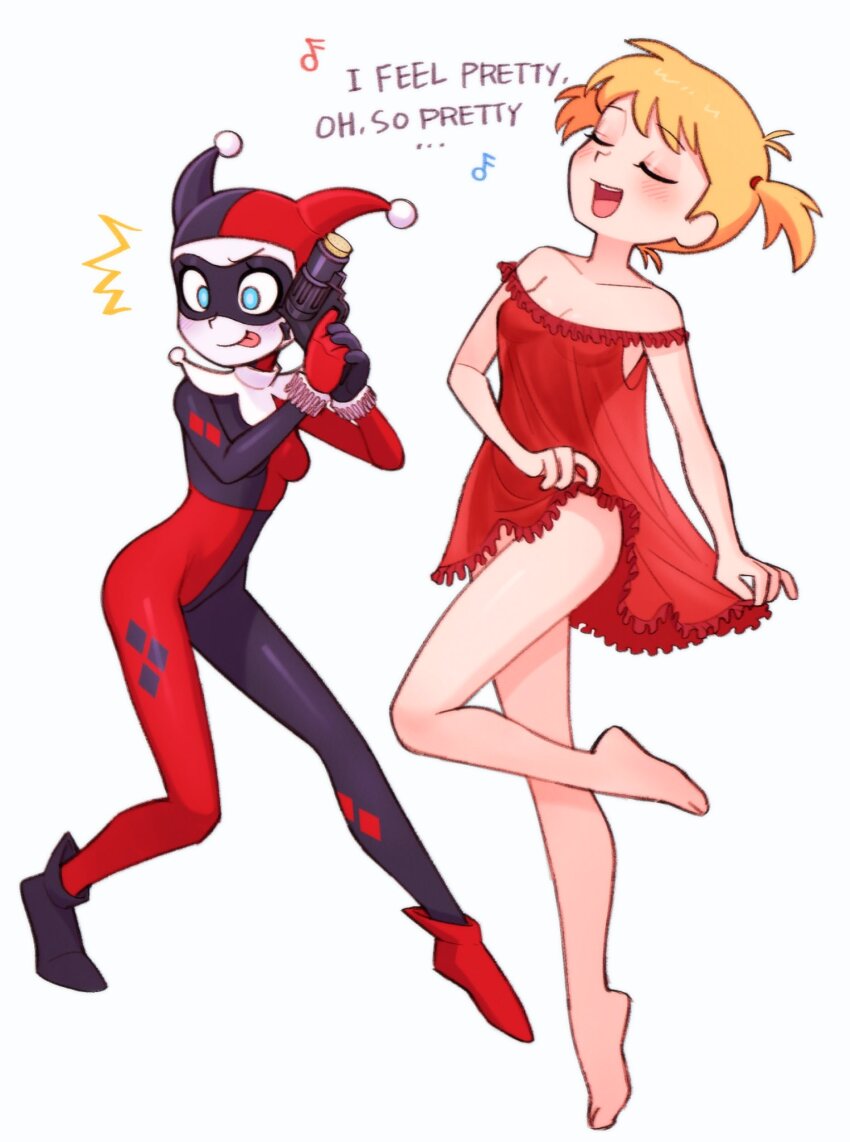 2_girls bare_arms bare_legs bare_shoulders barefoot batman:_the_animated_series batman_(series) batrobin_k black_bodysuit black_mask blonde_female blonde_hair blue_eyes blush bodysuit breasts closed_eyes closed_mouth clown_girl collarbone dancing dc_comics dcau domino_mask dress dual_persona english_text eyebrows_visible_through_hair feet female_only full_body gun happy harleen_quinzel harley_quinn harley_quinn_(classic) holding holding_gun holding_object holding_toy jester_cap legs looking_to_the_side mask medium_breasts multicolored_bodysuit multicolored_clothes multiple_girls musical_note naughty_face neck nightgown off-shoulder_dress off_shoulder open_mouth red_bodysuit red_dress red_nightgown round_teeth short_dress short_hair short_twintails simple_background singing skin_tight small_breasts smile standing supervillainess teeth text the_new_batman_adventures tied_hair tongue tongue_out toy toy_gun twin_tails two-tone_bodysuit upper_teeth upper_teeth_only villainess white_background