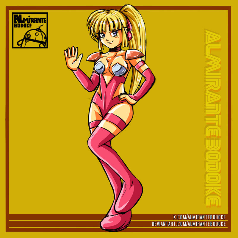 almirantebodoke artist_request big_breasts blonde_female blonde_hair blue_eyes boob_armor boots breasts choker collarbone copyright_request fingerless_gloves greeting hair_ribbon hand_on_own_hip leotard long_hair long_sleeves looking_at_viewer low_neckline new_adventures_of_megaman novas_aventuras_de_megaman ponytail ribbon roll shoulder_armor sidelocks signature simple_background smile thigh_high_boots yellow_background