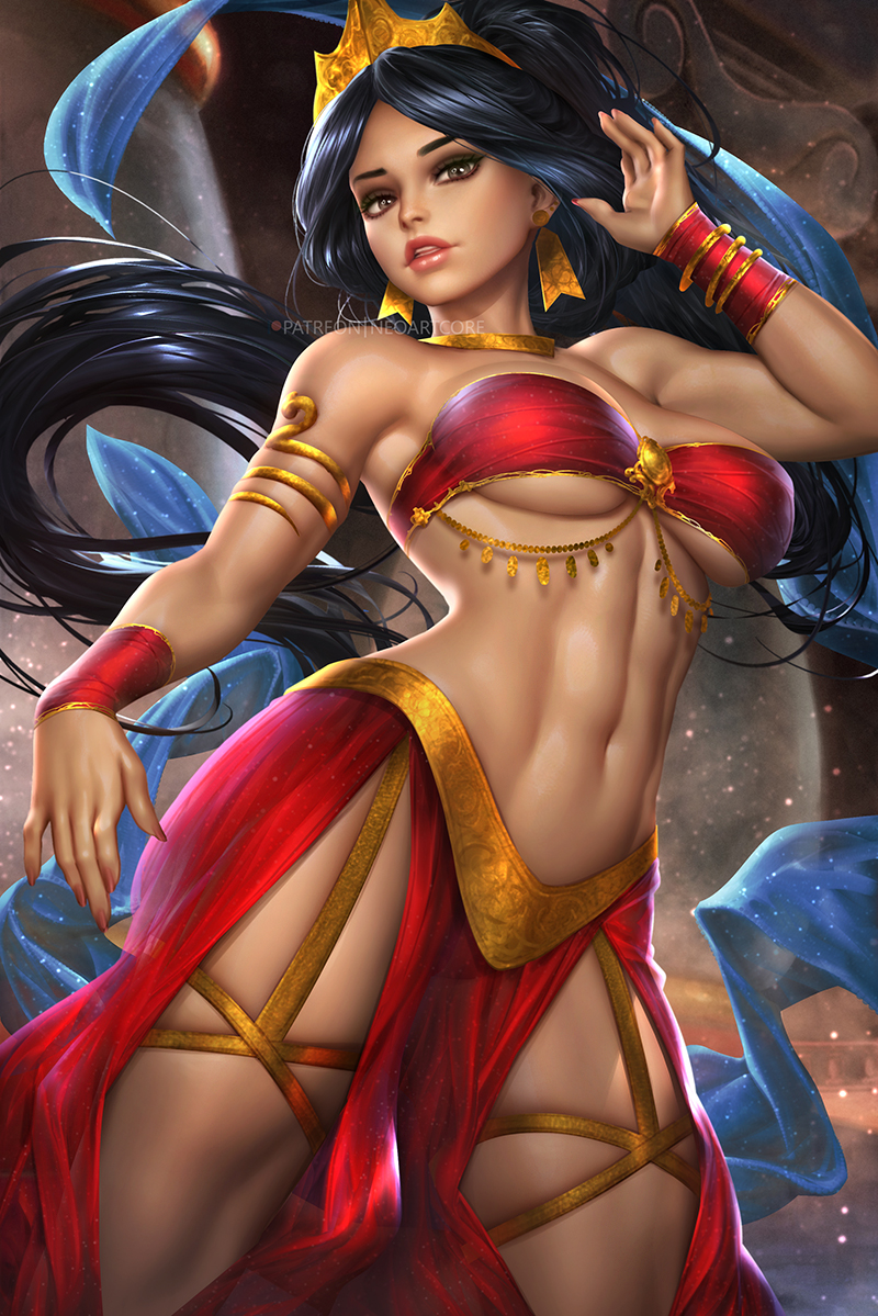 1girl aladdin_(1992_disney_film) aladdin_(series) alternate_costume arabian_clothes arabian_female arm_at_side armlet black_hair bracelet breasts brown_eyes dark-skinned_female dark_skin disney disney_princess earrings eyeshadow female_only female_solo from_below half-closed_eyes hand_up high_ponytail indoors jewelry lips lipstick long_hair looking_at_viewer looking_down makeup medium_breasts midriff nail_polish navel neck neck_ring neoartcore official_alternate_costume open_mouth pink_lipstick pink_nails ponytail princess princess_jasmine standing strapless tied_hair under_boob very_long_hair