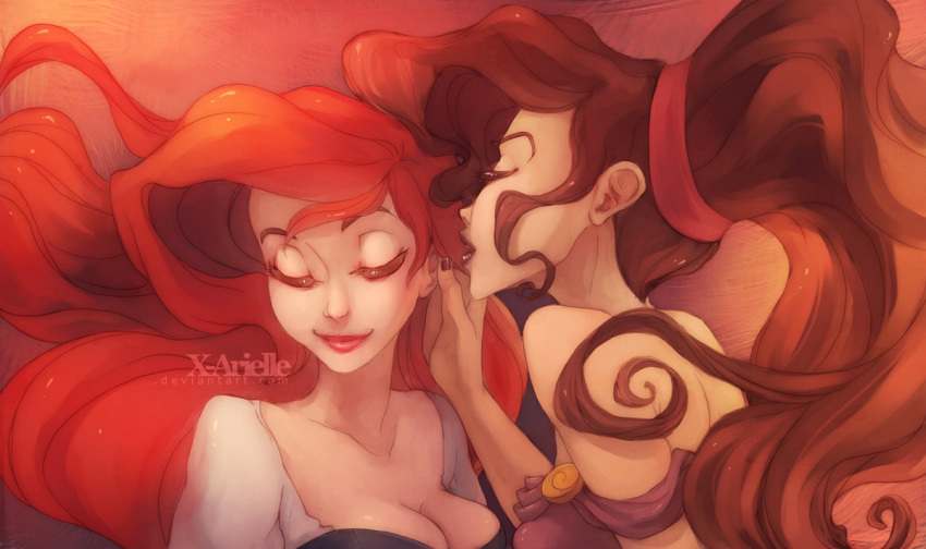 2_girls bare_arms bare_shoulders breasts brown_hair brown_lipstick cleavage closed_eyes closed_mouth couple disney disney_princess dress duo ehryel floating_hair hercules lips lipstick long_hair love makeup medium_breasts megara multiple_girls mutual_yuri neck off-shoulder_dress off_shoulder princess_ariel purple_dress red_hair red_lipstick smile the_little_mermaid the_little_mermaid_(1989_film) upper_body yuri