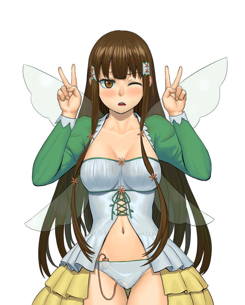 1girl amagi_brilliant_park blush breasts brown_eyes brown_hair collarbone double_v female_moaning female_only female_solo hands_up koborii_(amaburi) lasterk long_hair long_sleeves looking_at_viewer medium_breasts moaning navel neck one_eye_closed open_mouth simple_background standing straight_hair v very_long_hair vibrator vibrator_in_pussy white_background wince wings