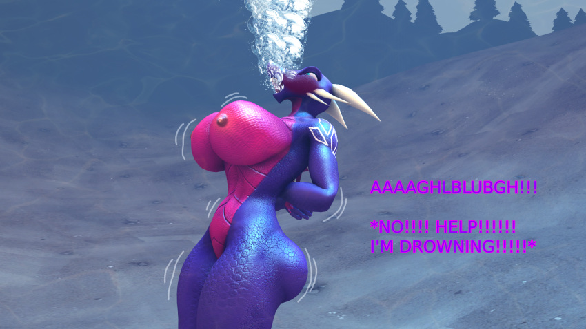 1girl 3d 3d_(artwork) activision anthro arms_behind_back arms_bound_behind_back asphyxiation ass big_breasts bound bound_wrists breasts completely_nude cynder dialogue dragon drowning female female_only horns huge_breasts kami_dragon navel nipples nude nude_female peril random1985 scalie solo solo_female spyro_the_dragon text the_legend_of_spyro thick_thighs underwater wide_hips