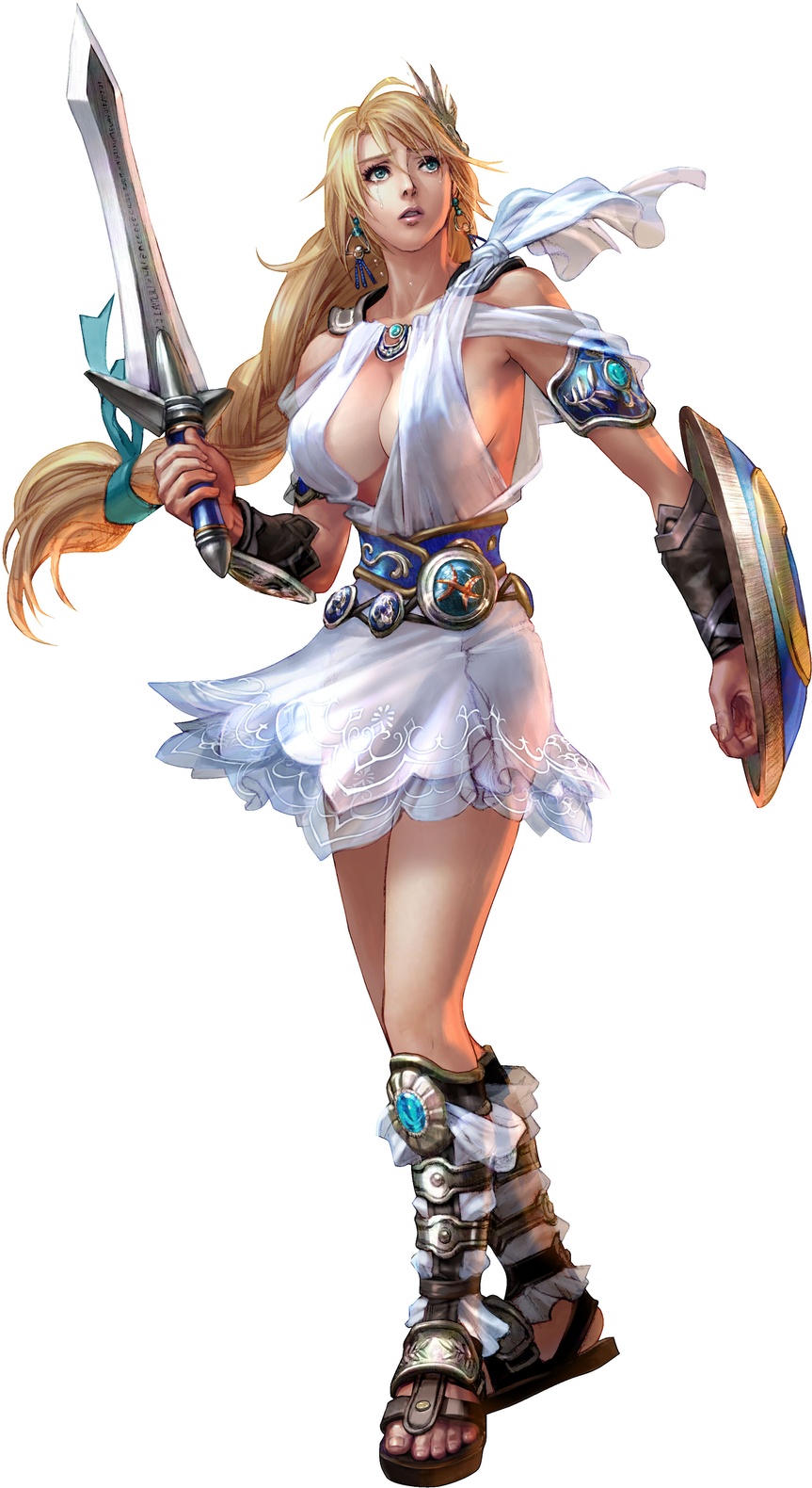 1girl amazon aqua_eyes arm_at_side bare_legs bare_shoulders big_breasts blonde_female blonde_hair braid breasts cleavage collarbone crying dress earrings eyebrows_visible_through_hair eyes_visible_through_hair female_only female_solo floating_hair full_body hand_up holding holding_shield holding_sword holding_weapon jewelry kawano_takuji legs lips lipstick long_hair looking_up makeup namco neck parted_lips pink_lipstick sad shield short_dress simple_background sophitia_alexandra soul_calibur soul_calibur_iv soulcalibur_iv standing sword tears thighs tied_hair very_long_hair weapon white_background white_dress